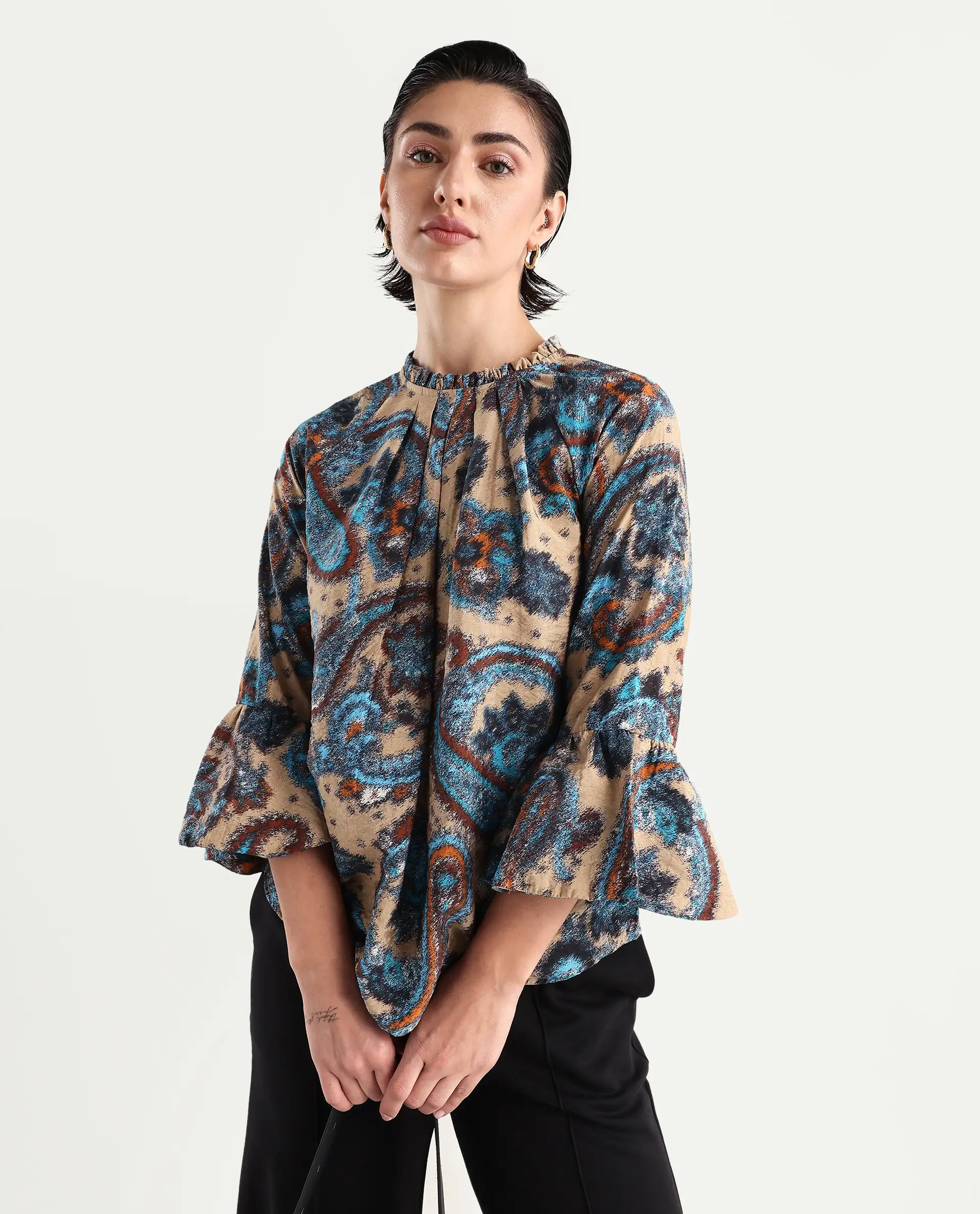 Rareism Women's Lavand Multi Nylon Blend Sweetheart Neck Paisley Print Raglan Sleeve Regular Fit Top