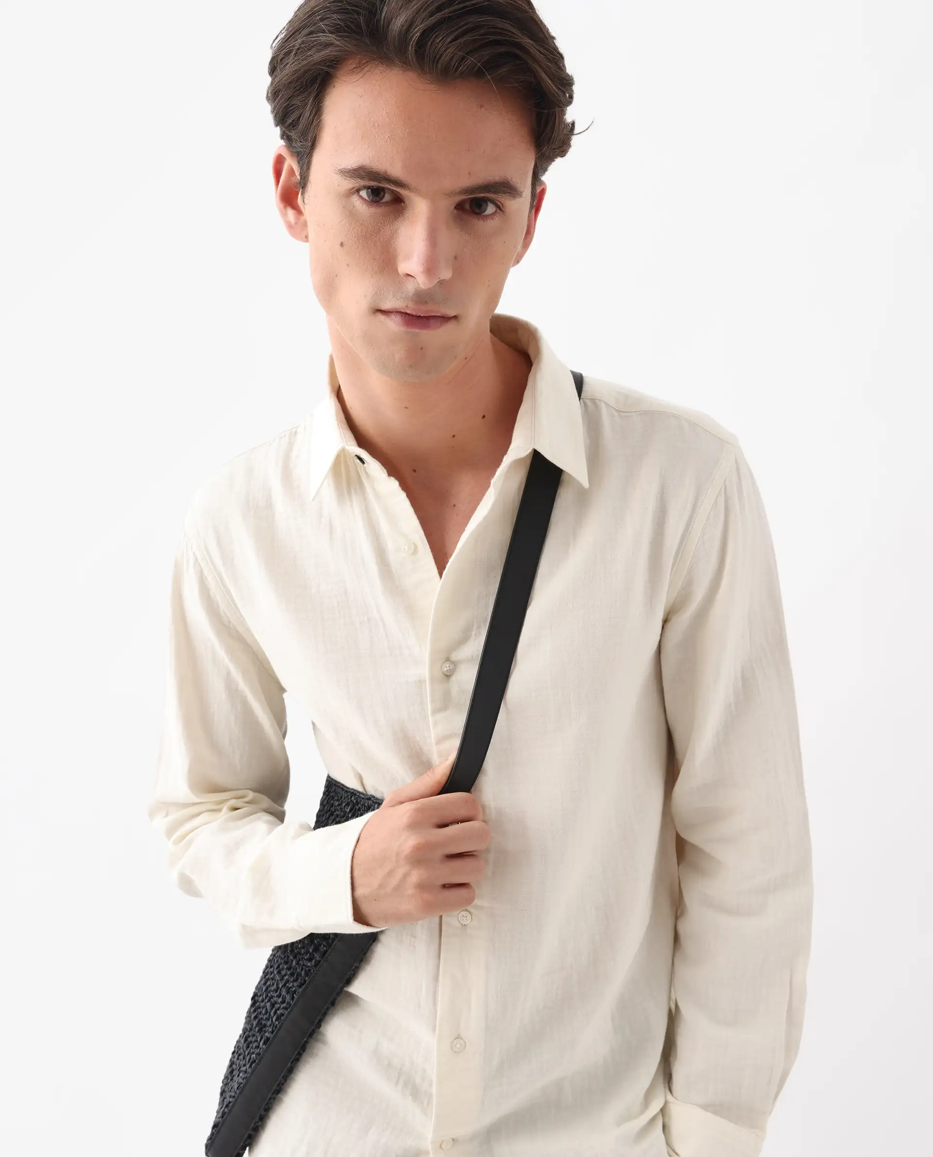 Rare Rabbit Men's Layerr-26 Off White Cotton Plain Regular Fit Full Sleeve Collared Shirt