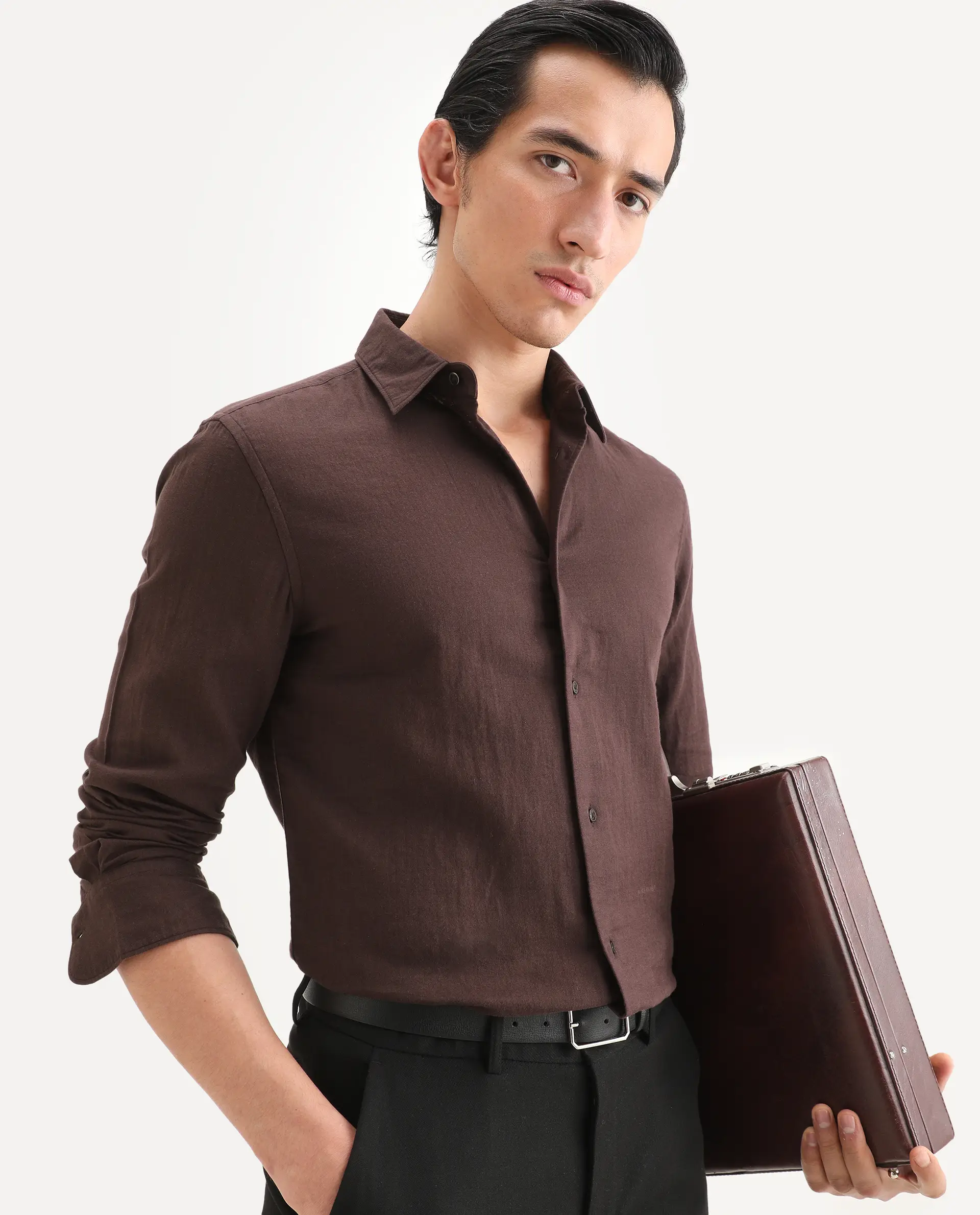 Rare Rabbit Men's Layerr-Ls Brown Cotton Fabric Full Sleeve Spread Collar Regular Fit Plain Shirt