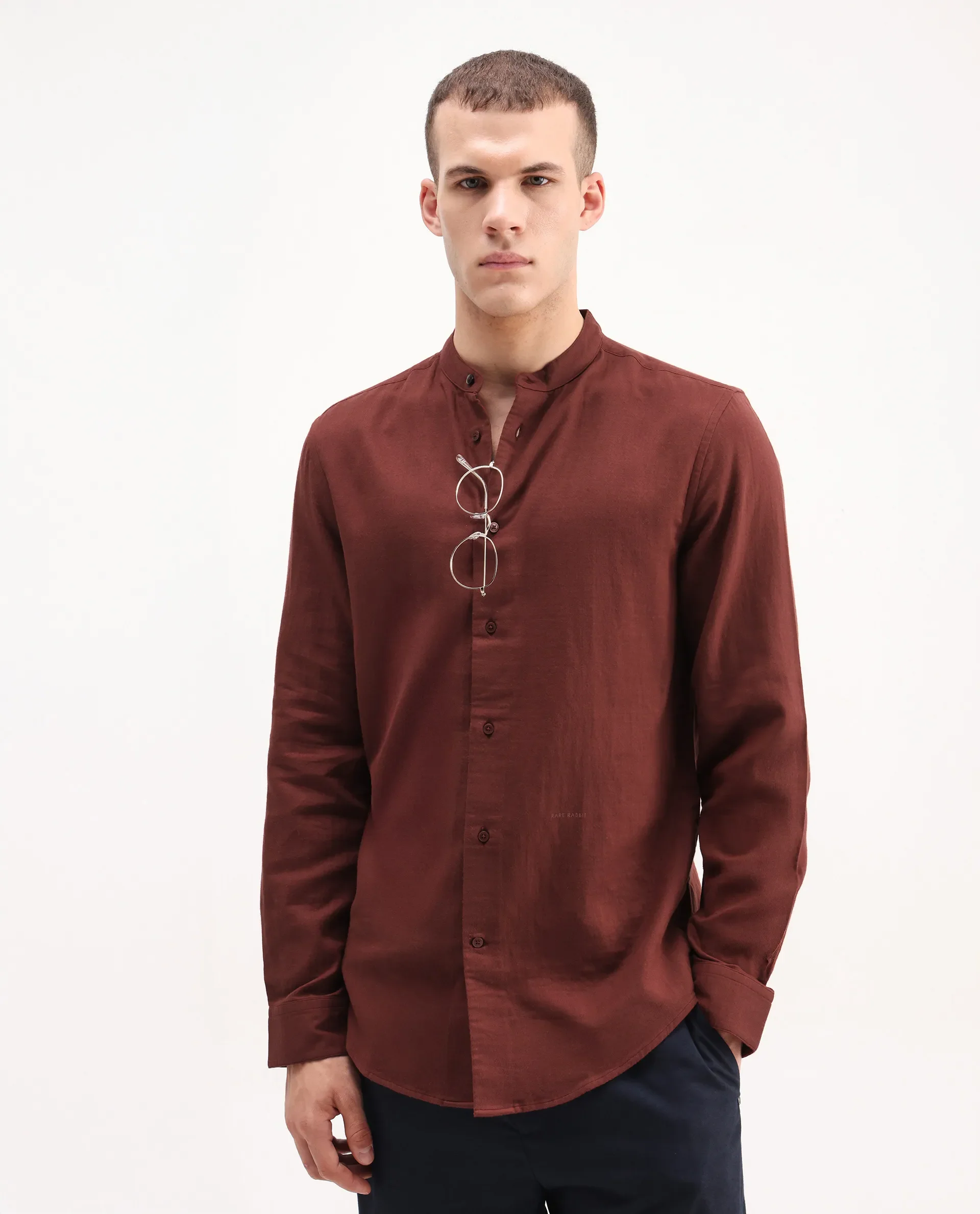 Rare Rabbit Men's Layerr-Md-26 Rust Cotton Plain Regular Fit Full Sleeve Mandarin Collar Shirt