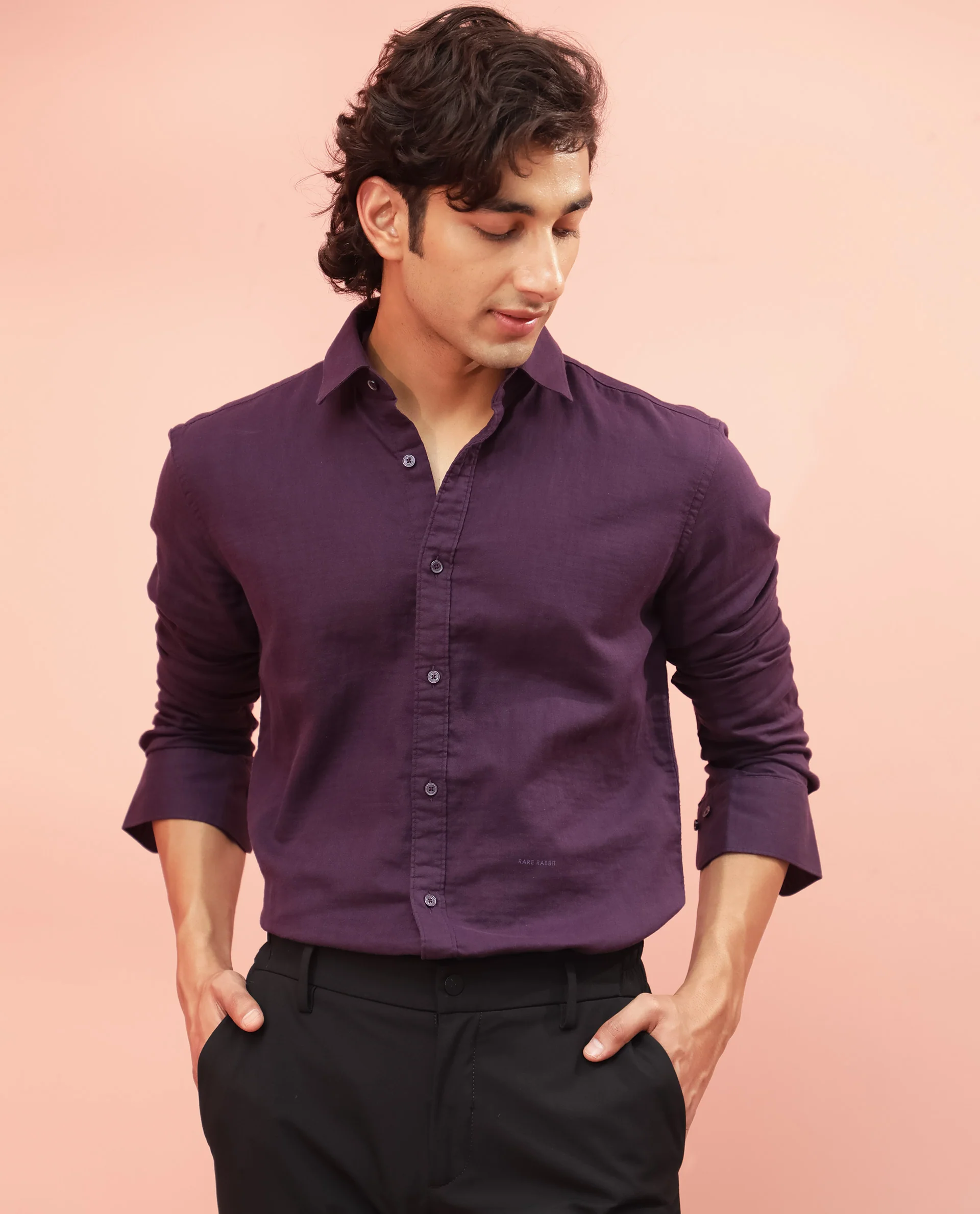 Rare Rabbit Men's Layerr Purple Plain Regular Fit Full Sleeve Spread Collar Shirt