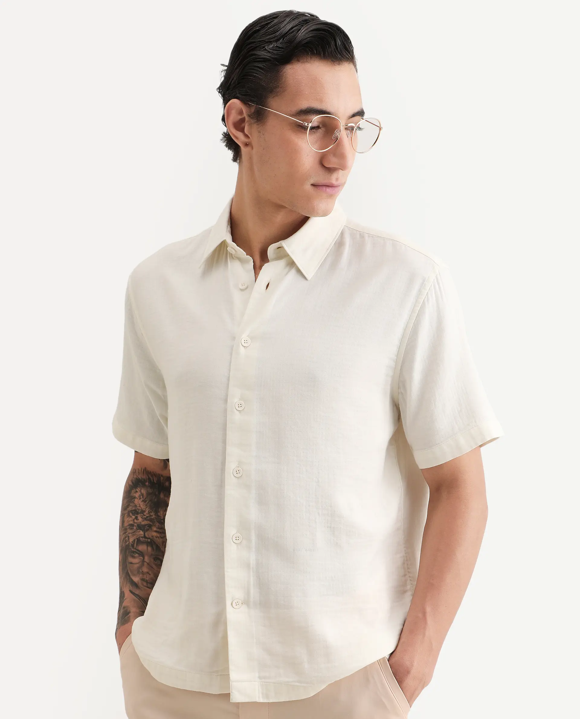 Rare Rabbit Men's Layerr Ss Light Beige Cotton Blend Plain Boxy Fit Full Sleeve Collared Shirt