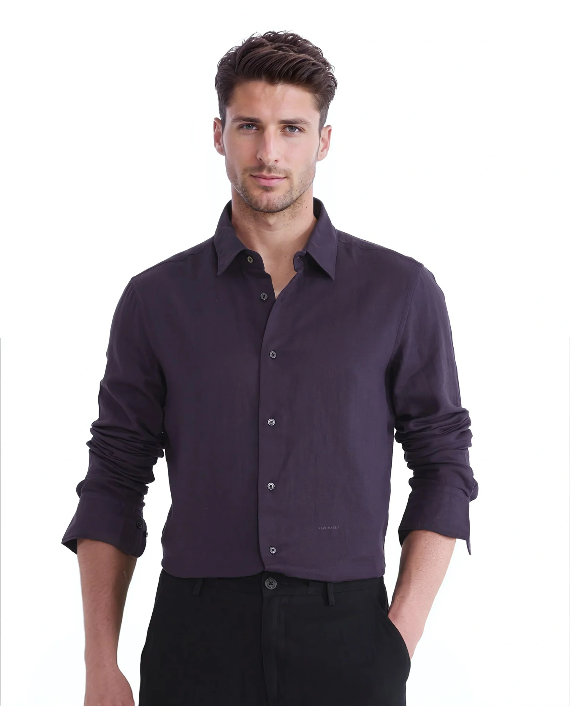 Rare Rabbit Men's Layerr Ls-25 Purple Cotton Plain Regular Fit Full Sleeve Collared Shirt