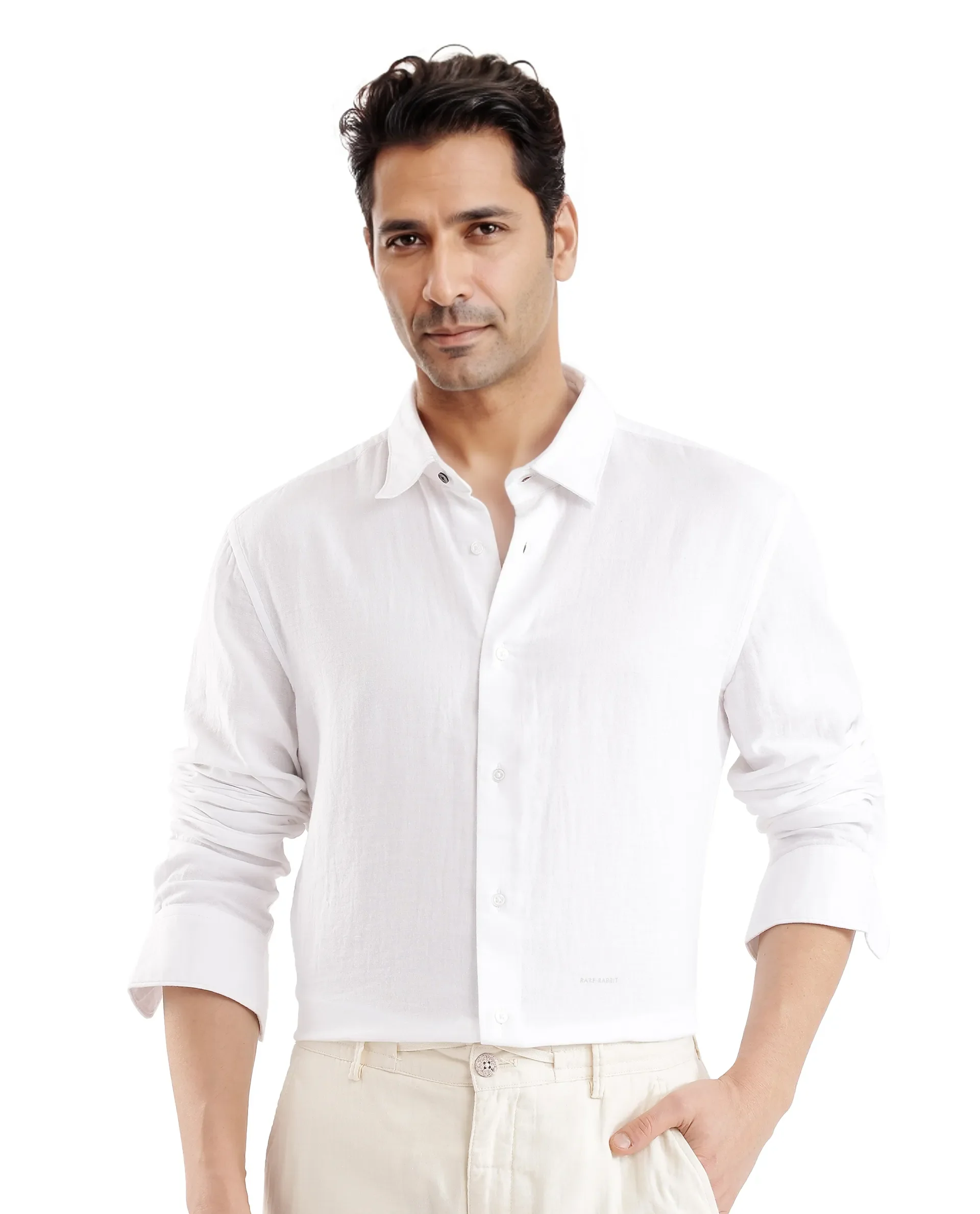 Rare Rabbit Men's Layerr Ls-25 White Plain Regular Fit Full Sleeve Collared Shirt