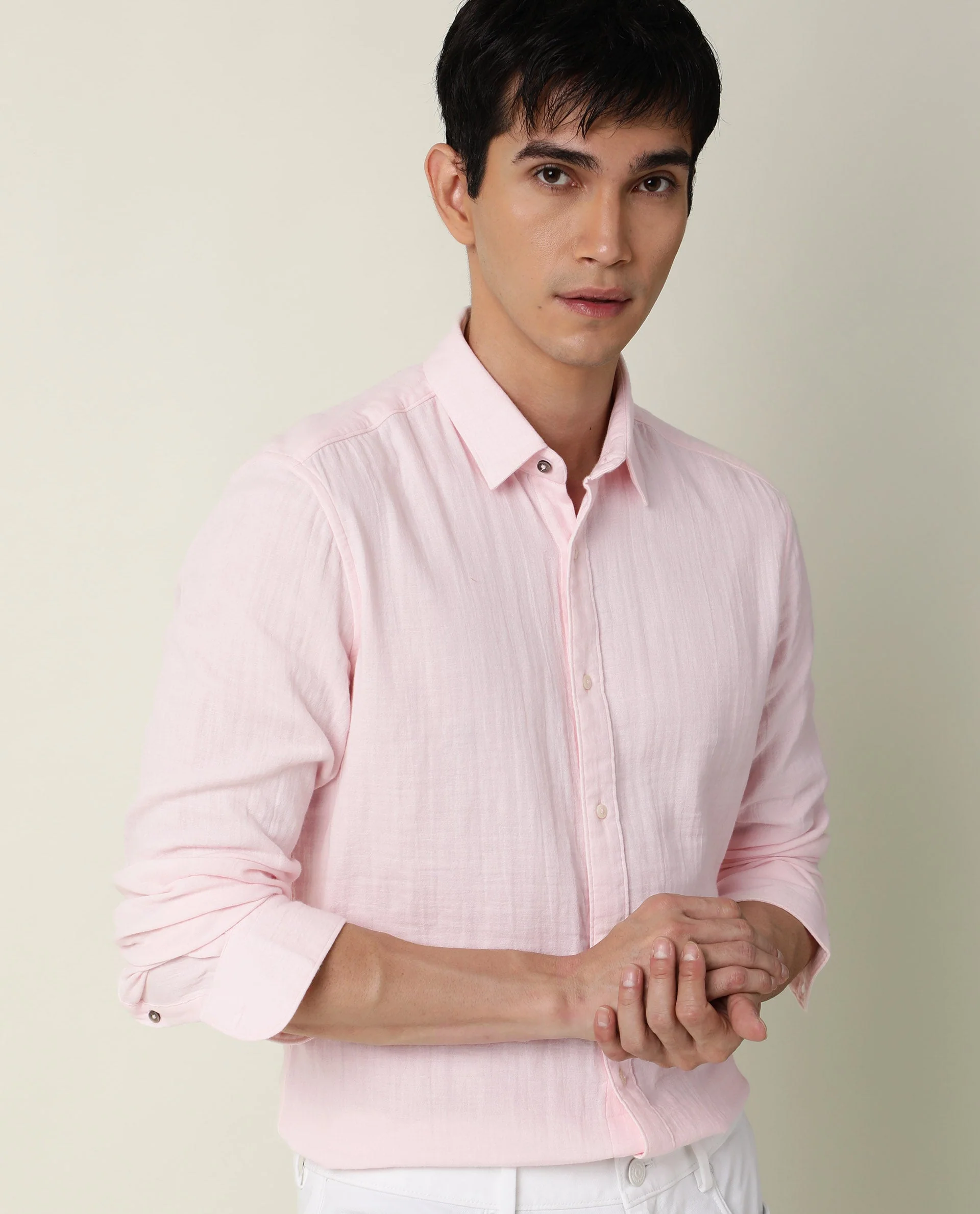 Rare Rabbit Men's Layers Pink Cotton Plain Regular Fit Full Sleeve Collared Shirt