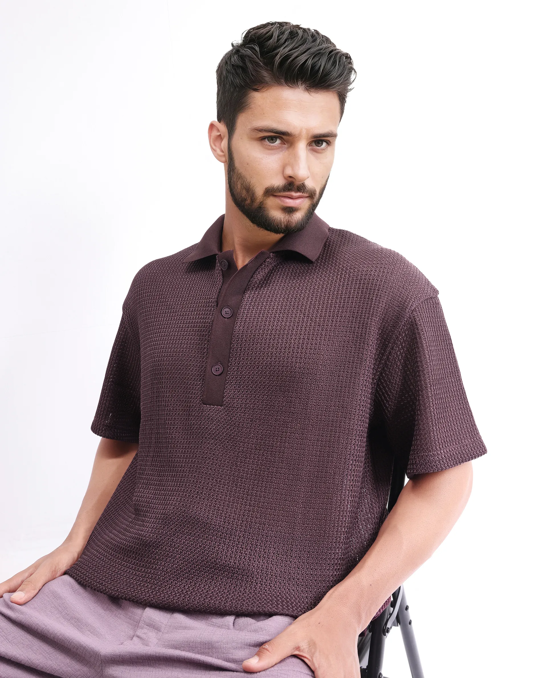 Rare Rabbit Men's Lbiza Maroon Cotton Plain Regular Fit Half Sleeve Collared Shirt