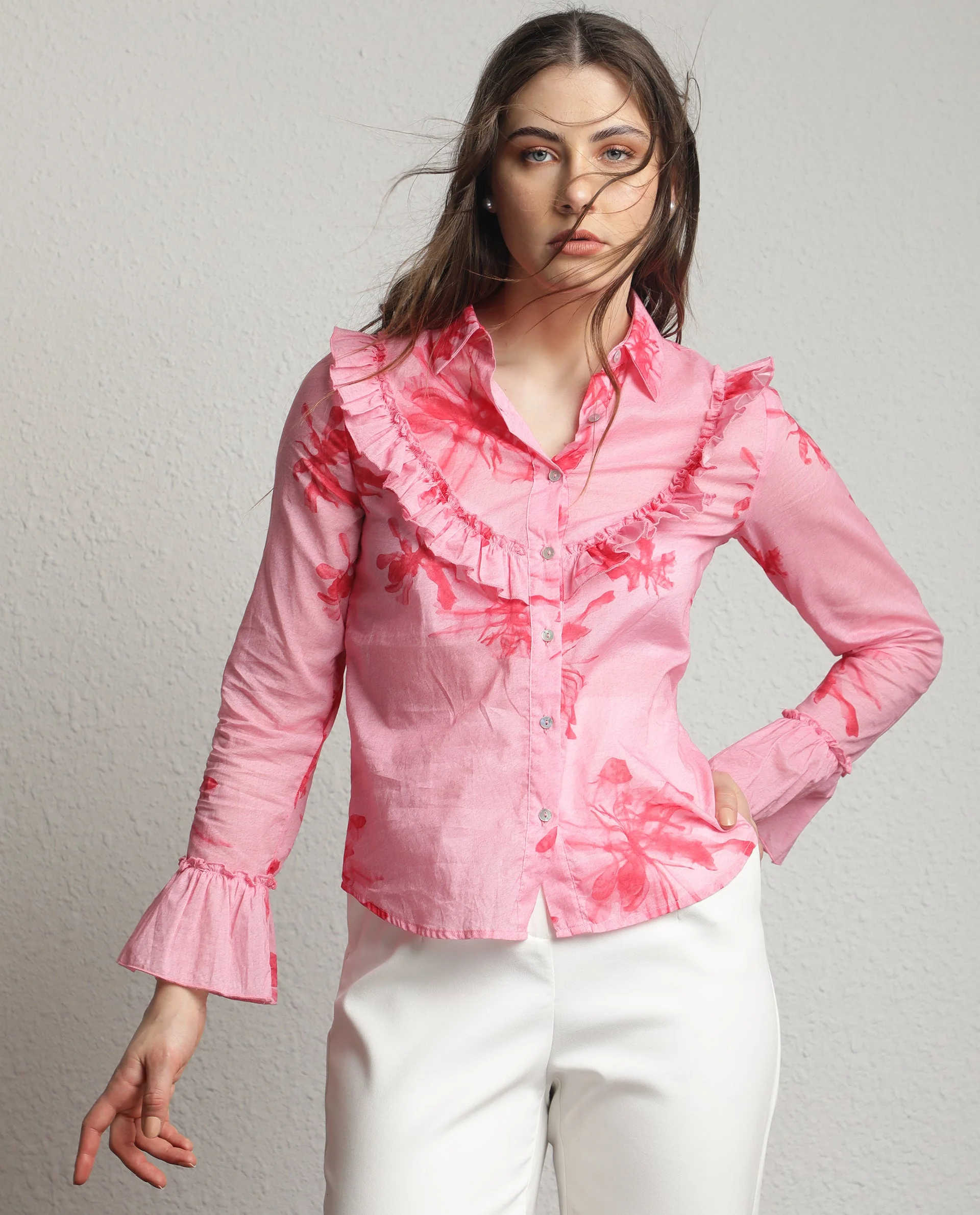 Rareism Women's Lenora Pink Cotton Spread Collar Floral Print Ruffled Sleeve Regular Fit Top