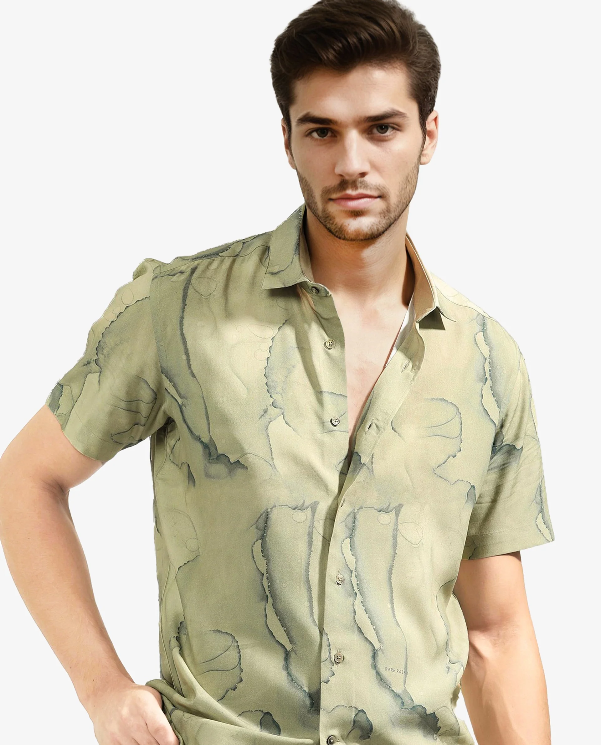 Rare Rabbit Men's Leons Ss Green Viscose Abstract Print Regular Fit Half Sleeve Collared Shirt
