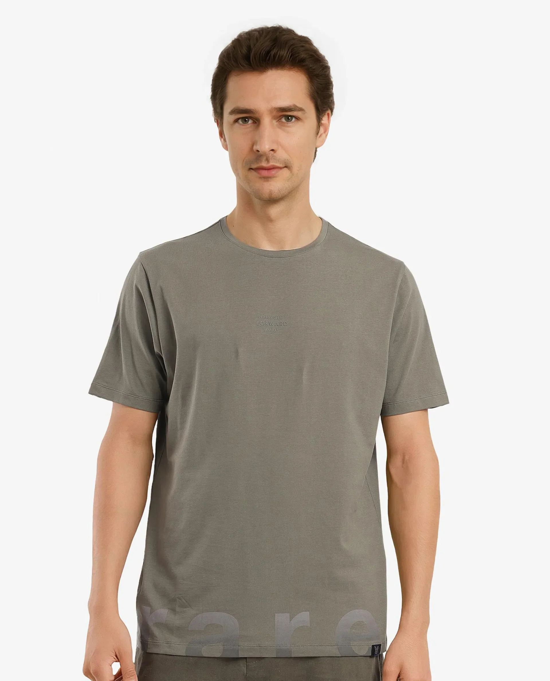 Rare Rabbit Men's Let Dusky Green Cotton Blend Graphic Print Regular Fit Half Sleeve Crew Neck T-Shirt