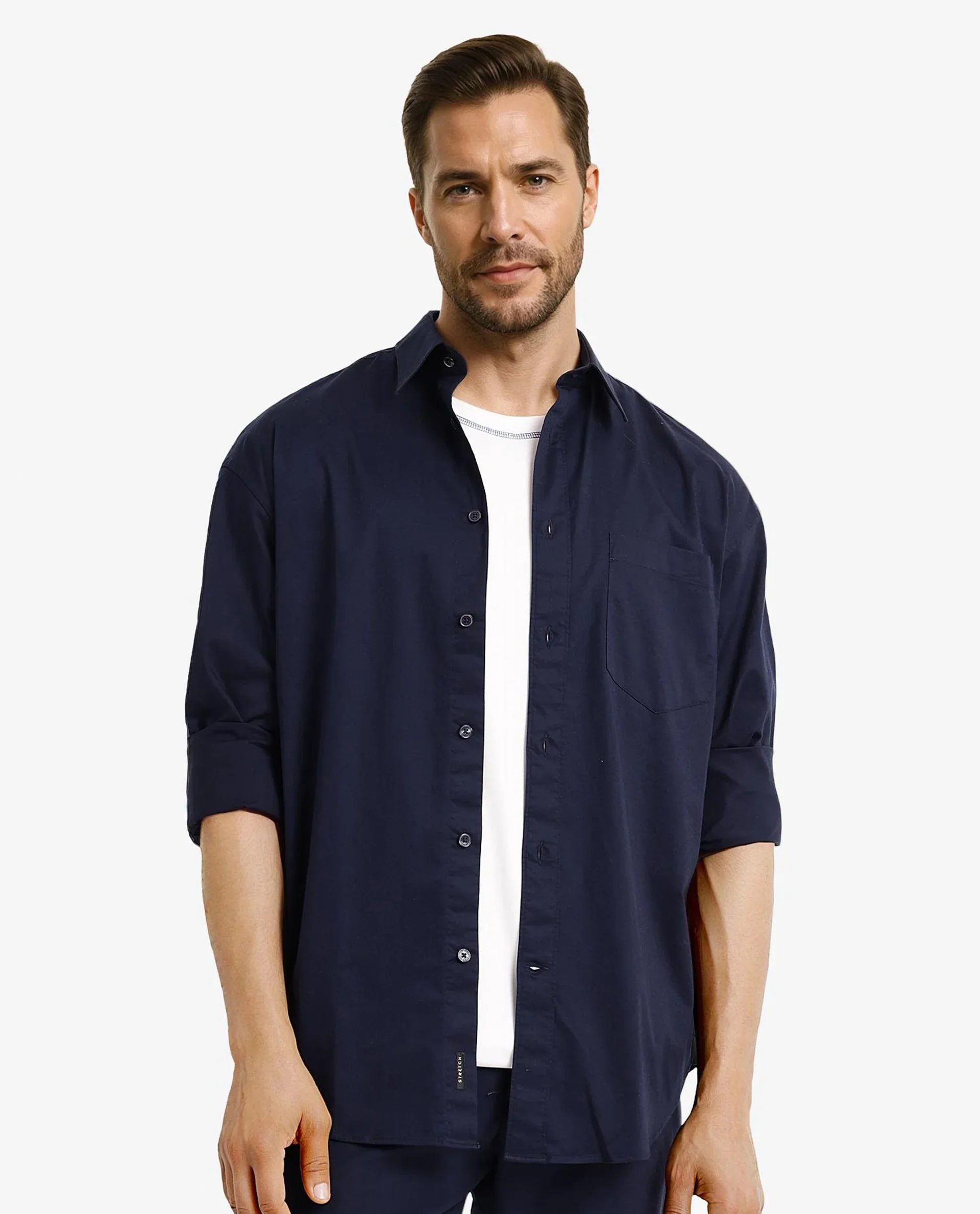 Rare Rabbit Men's Lewi Navy Cotton Plain Boxy Fit Full Sleeve Collared Shirt