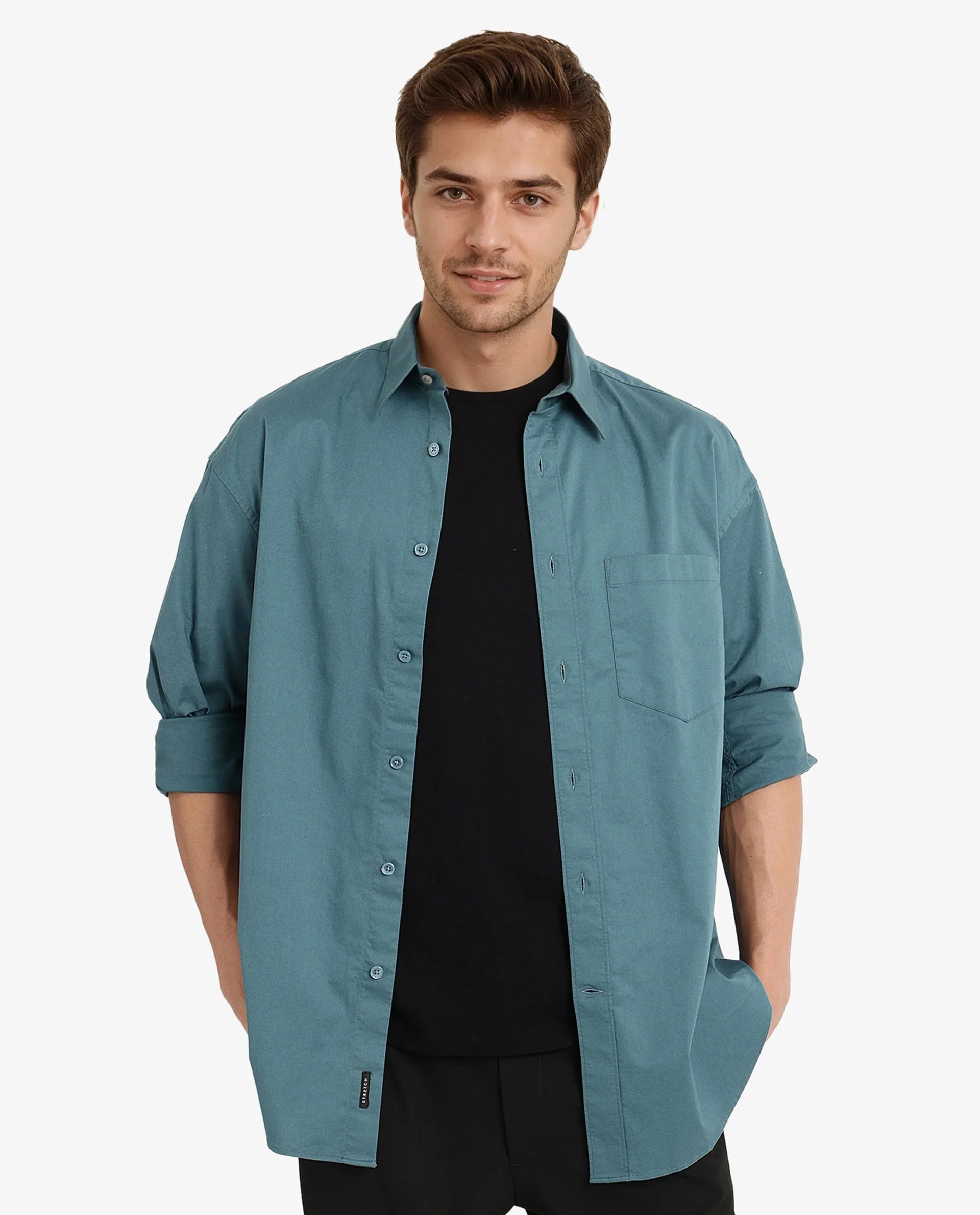 Rare Rabbit Men's Lewi Teal Cotton Plain Boxy Fit Full Sleeve Collared Shirt