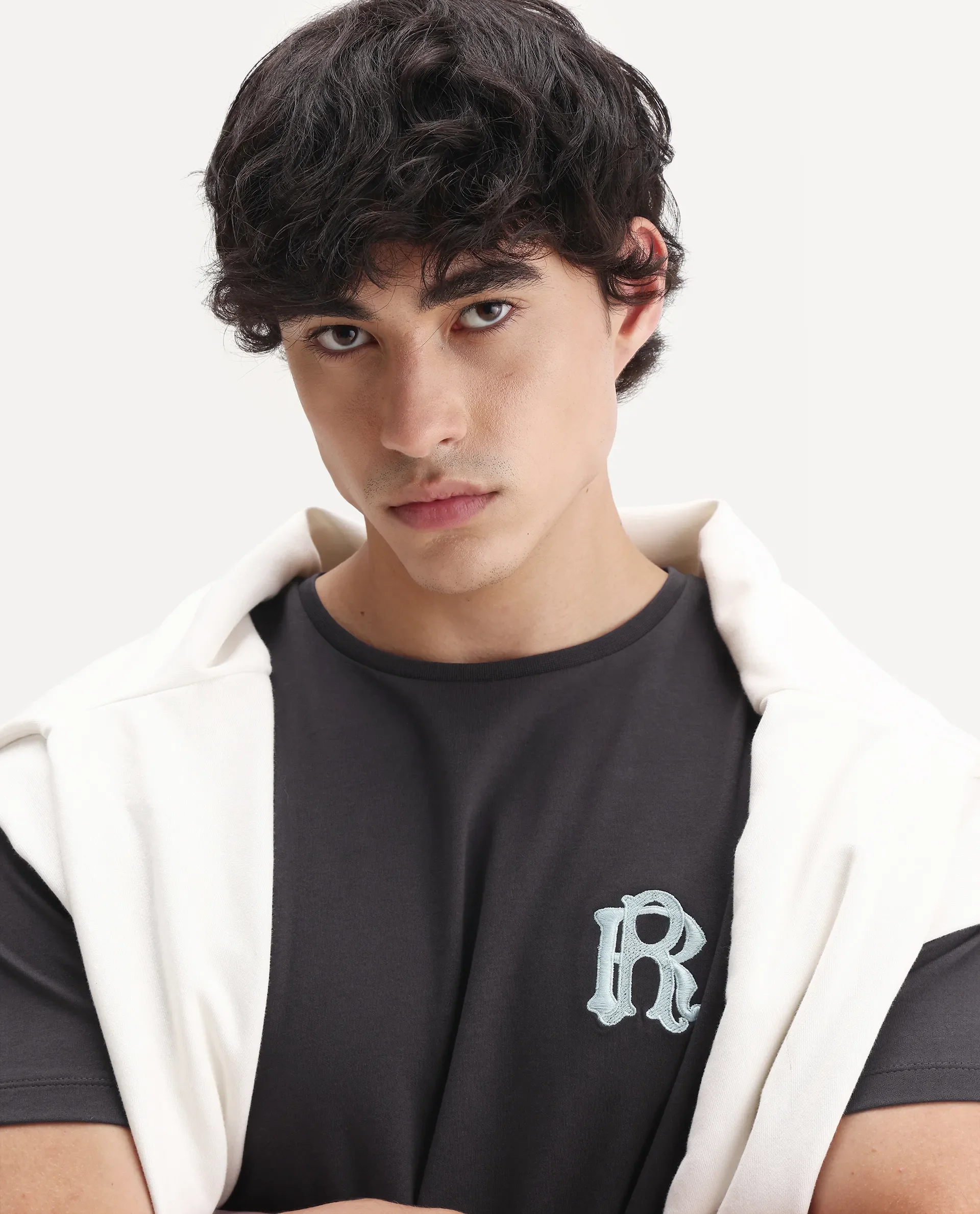 Rare Rabbit Men's Lex Dark Grey Cotton Embroidered Oversized Fit Half Sleeve Crew Neck T-Shirt