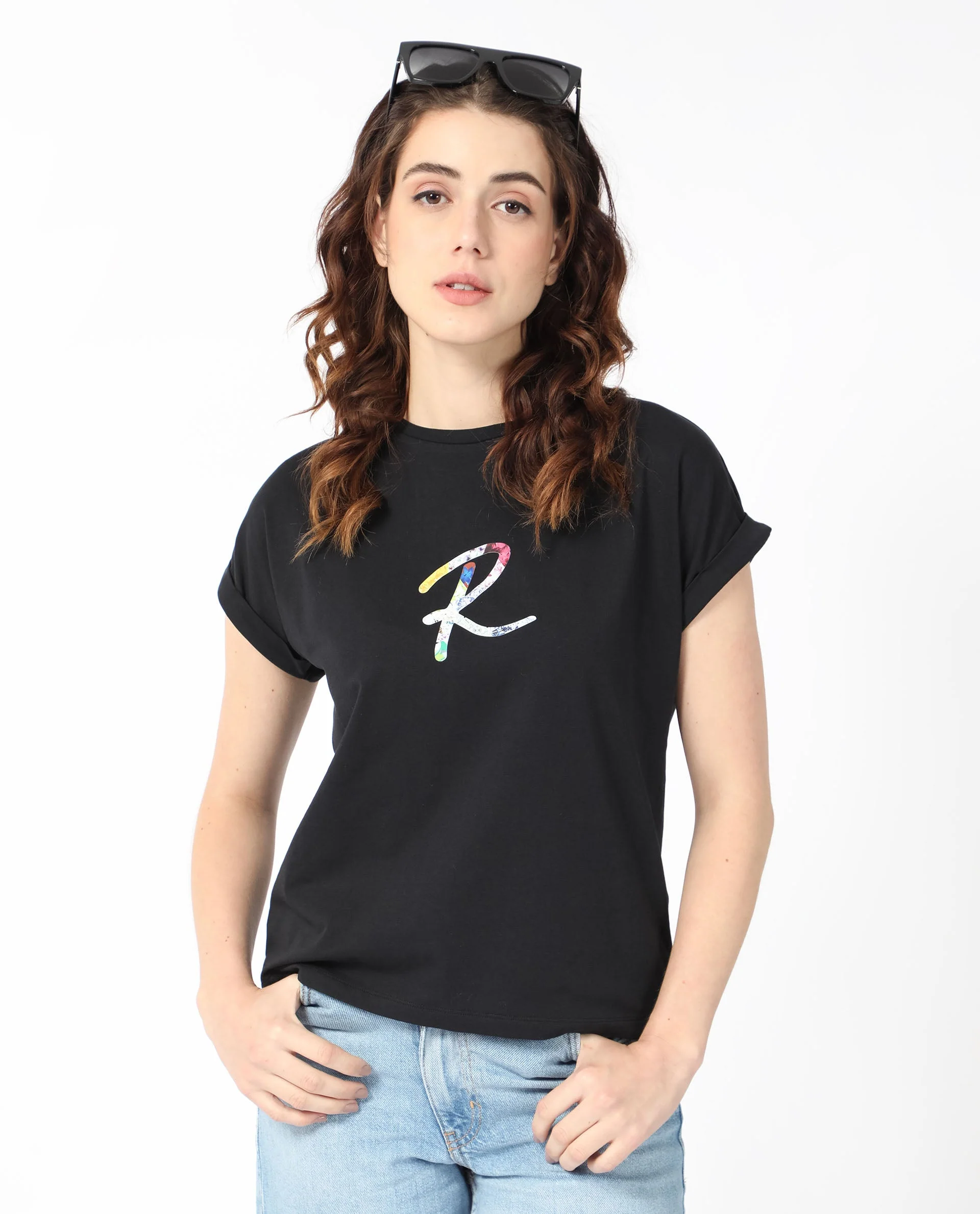 Rareism Women's Lia Black Cotton Crew Neck Graphic Print Extended Sleeves Regular Fit T-Shirt