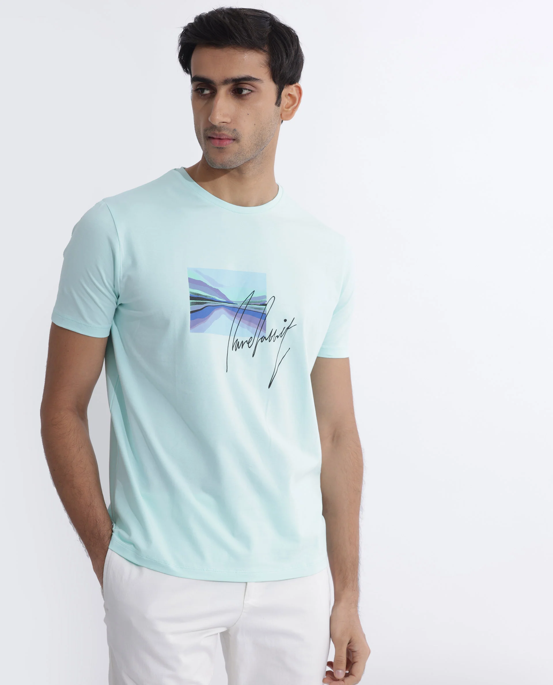 Rare Rabbit Men's Libro Light Blue Cotton Graphic Print Slim Fit Half Sleeve Crew Neck T-Shirt