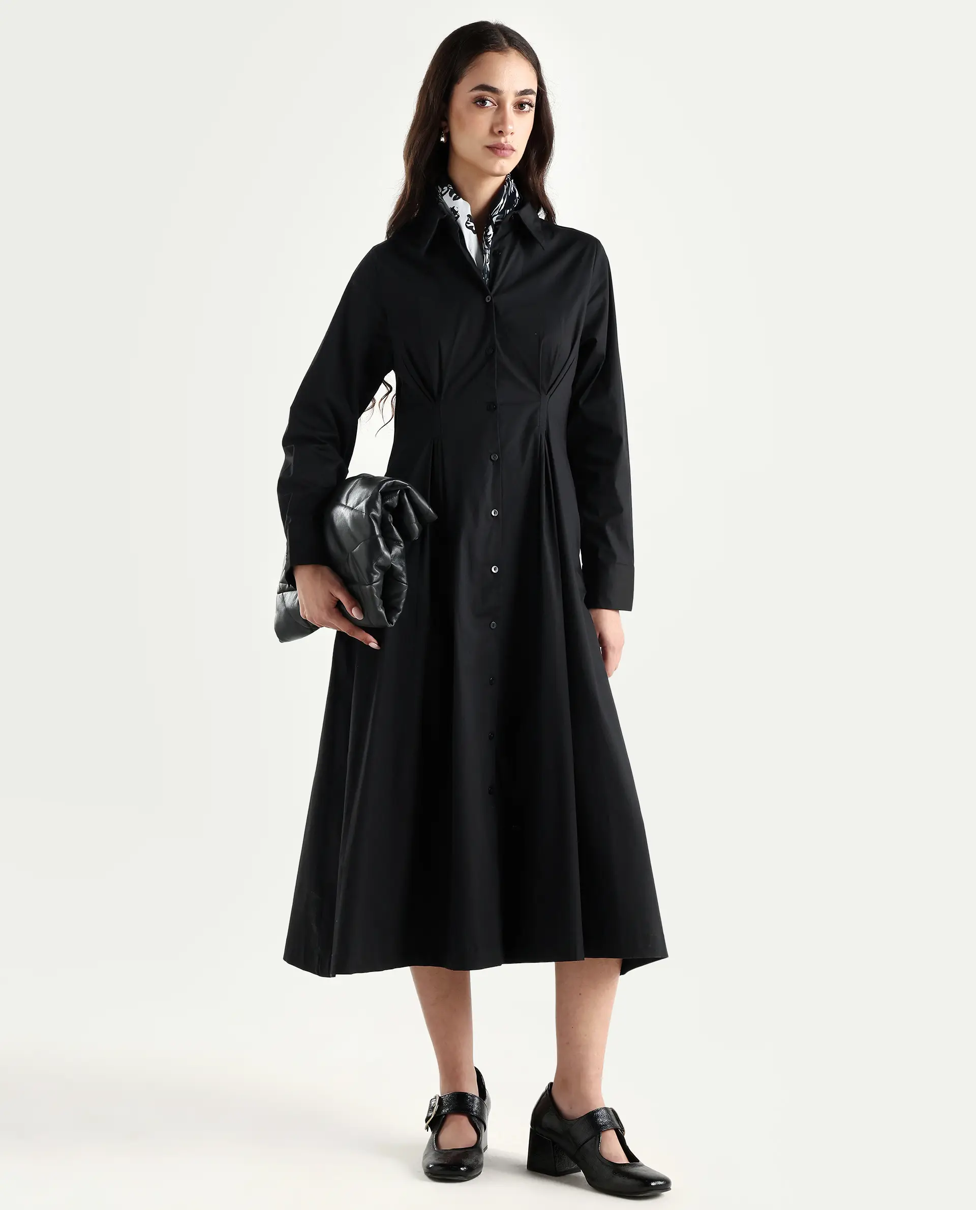 Rareism Women's Libz Black Cotton Blend Drop Collar Plain Cuffed Sleeve Midi Fit And Flare Dress