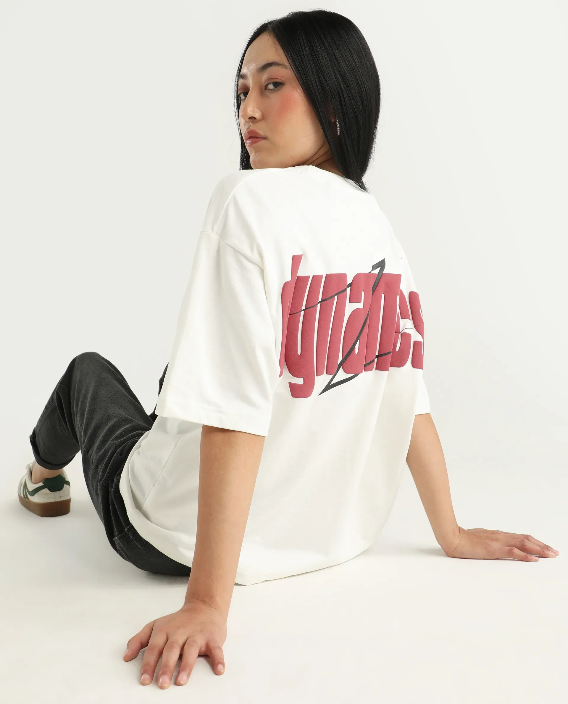 Rareism Women's Liche Off White Cotton Graphic Print Oversized T-Shirt