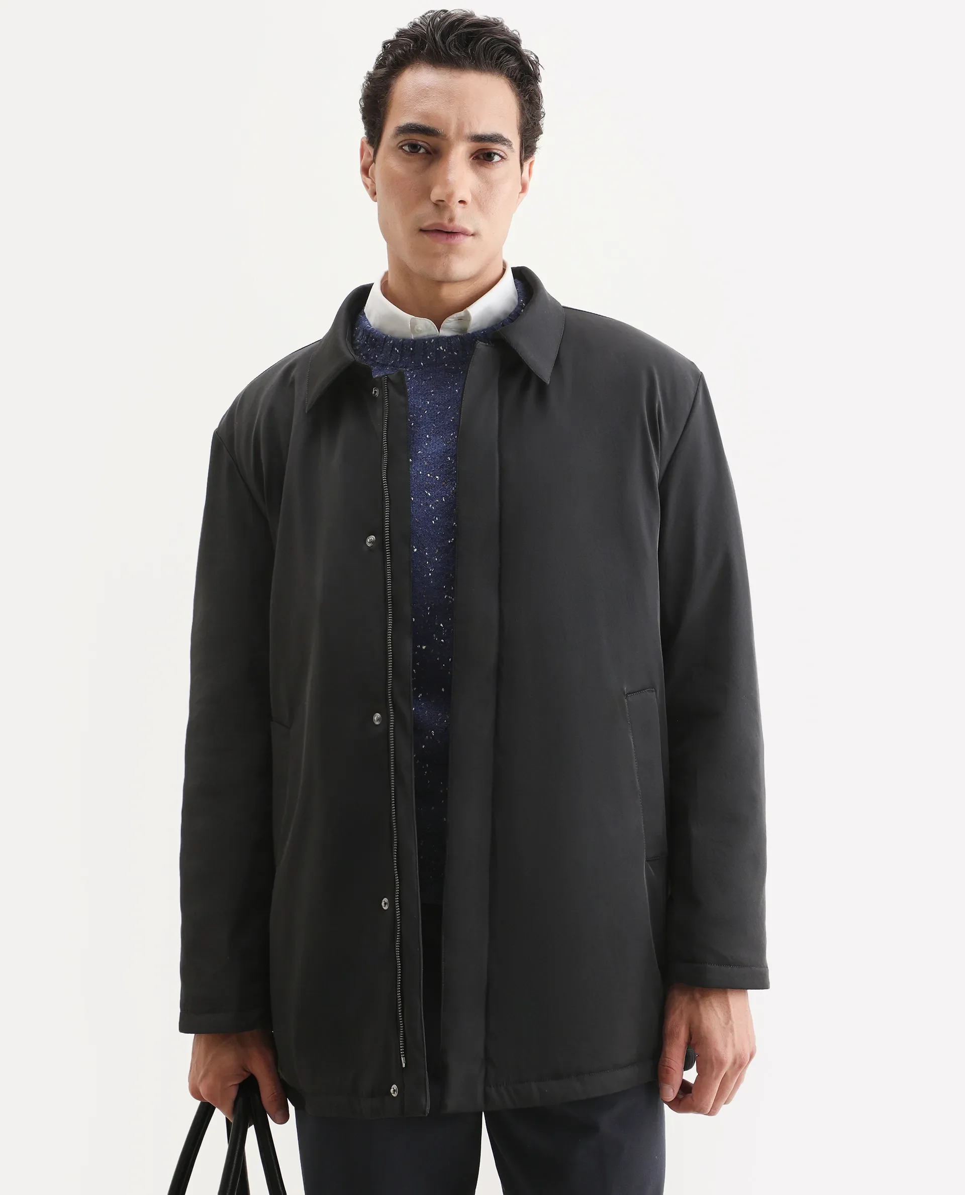 Rare Rabbit Men's Liem Black Nylon Blend Fabric Collared Neck Regular Fit Plain Coat