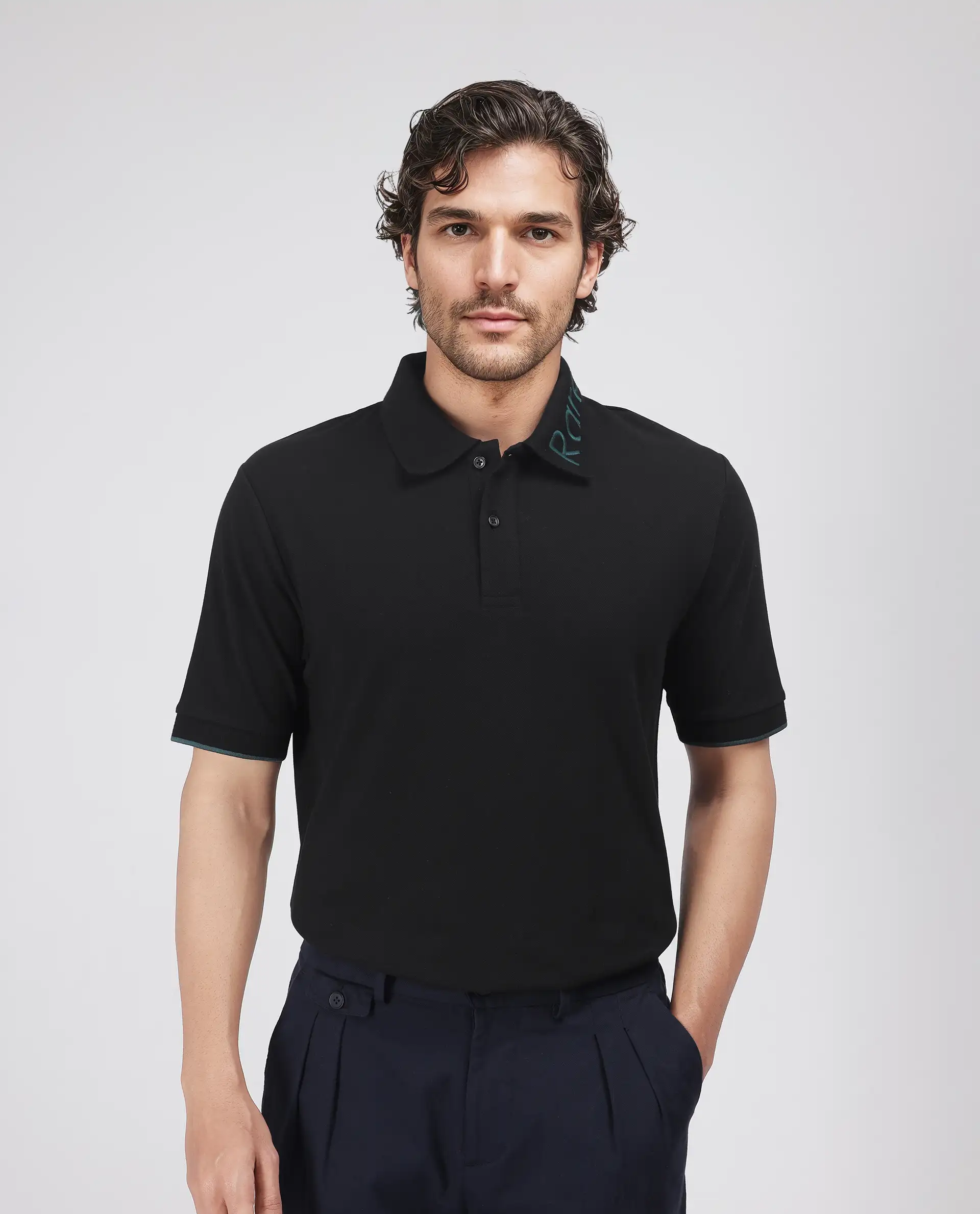 Rare Rabbit Men's Limo Black Cotton Blend Embroidered Regular Fit Half Sleeve Polo