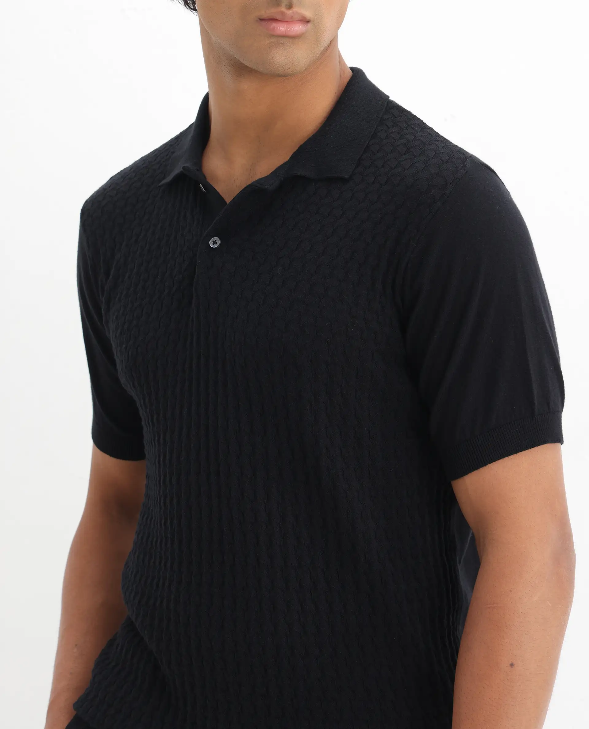 Rare Rabbit Men's Lincos Black Cotton Jacquard Slim Fit Half Sleeve Polo - Image 3
