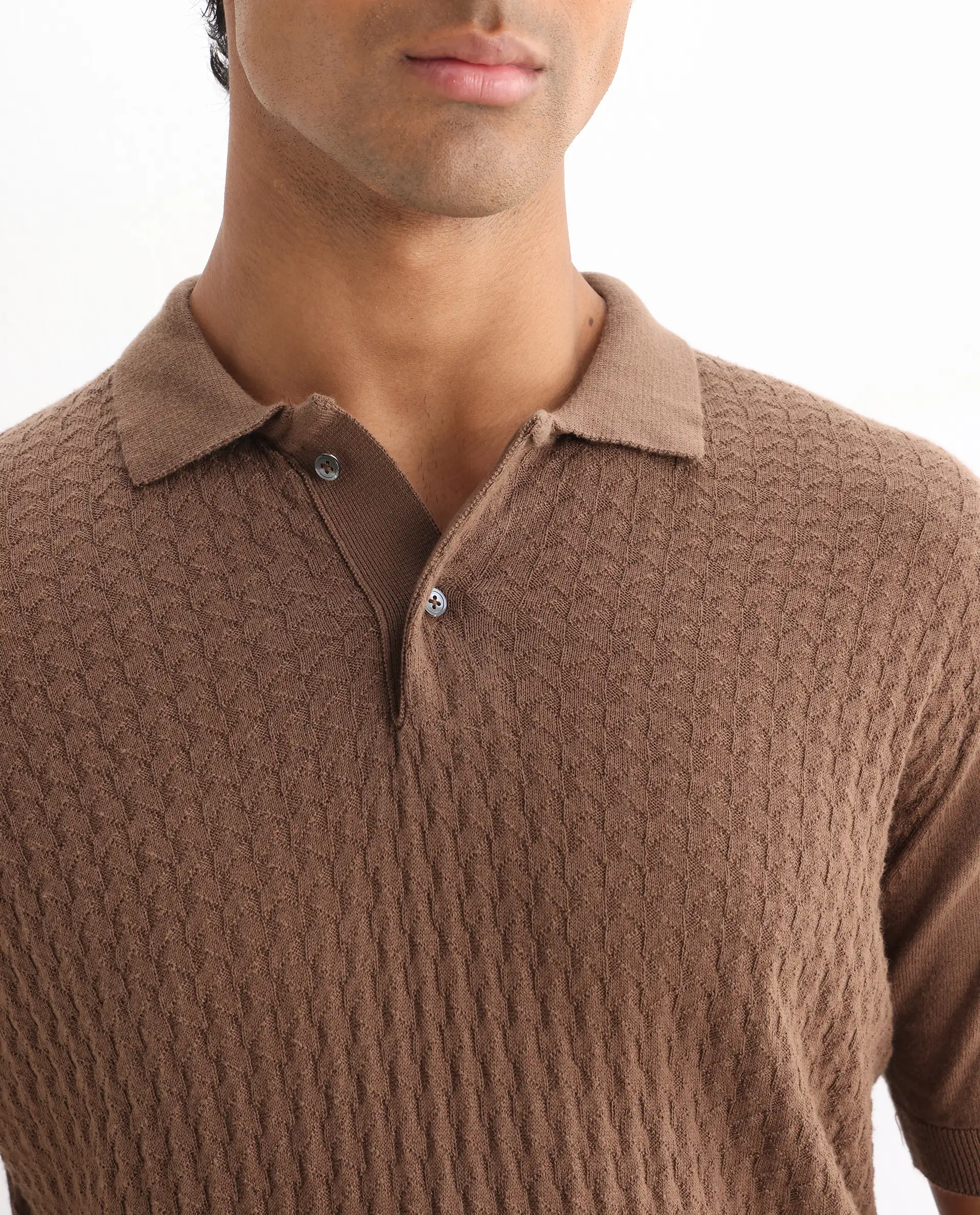 Rare Rabbit Men's Linco Brown Cotton Jacquard Slim Fit Half Sleeve Polo - Image 3