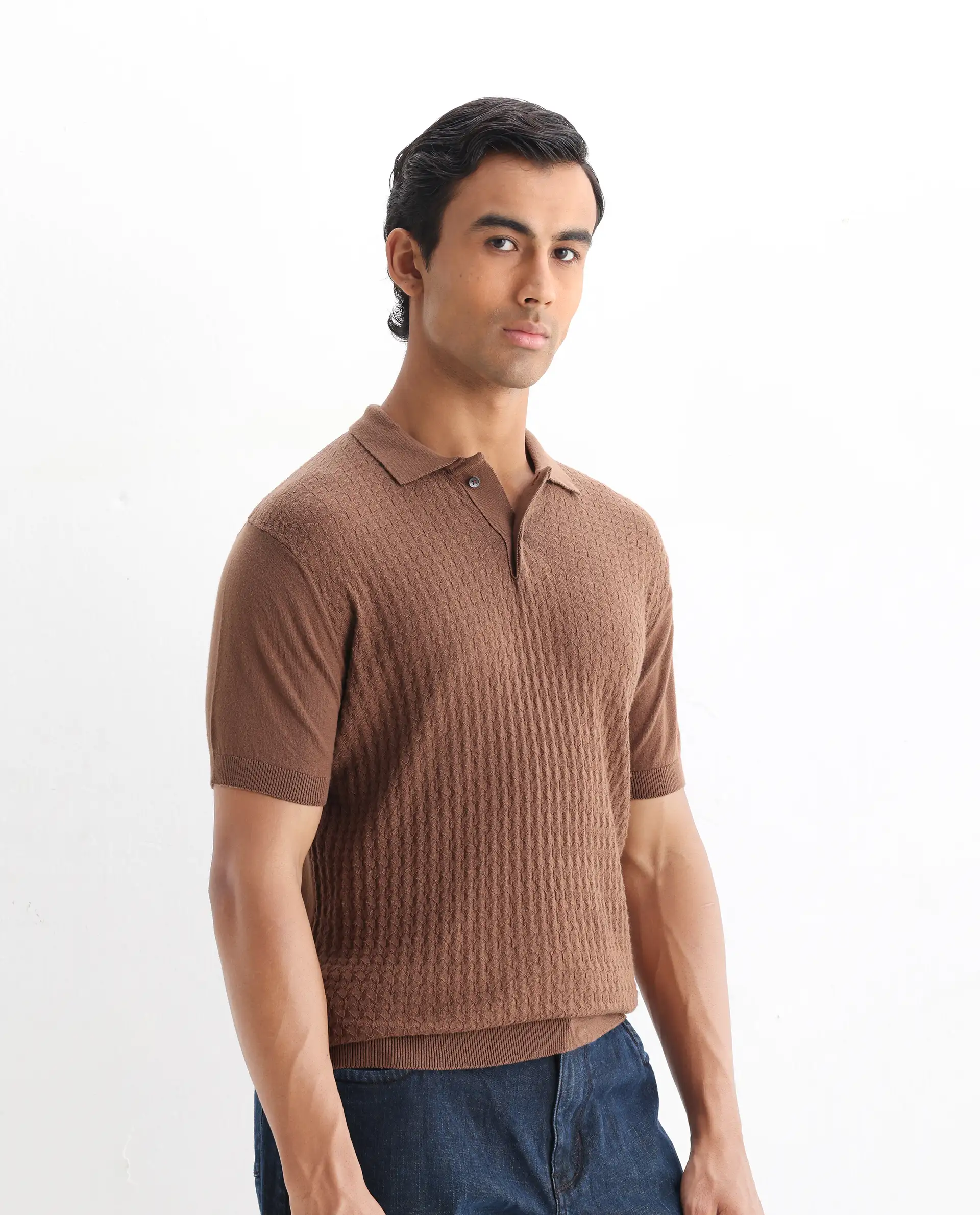 Rare Rabbit Men's Lincos Brown Cotton Jacquard Slim Fit Half Sleeve Polo - Image 5