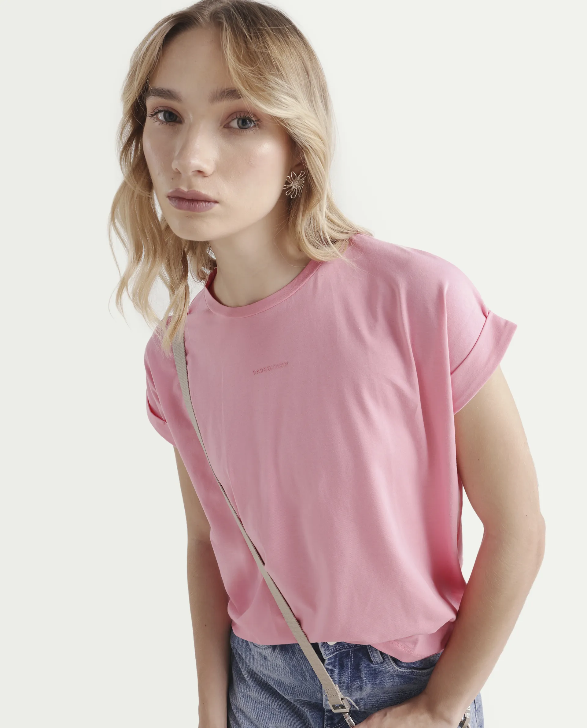 Rareism Women's Linden Light Pink Cotton Blend Crew Neck Typography Print Extended Sleeves Regular Fit T-Shirt