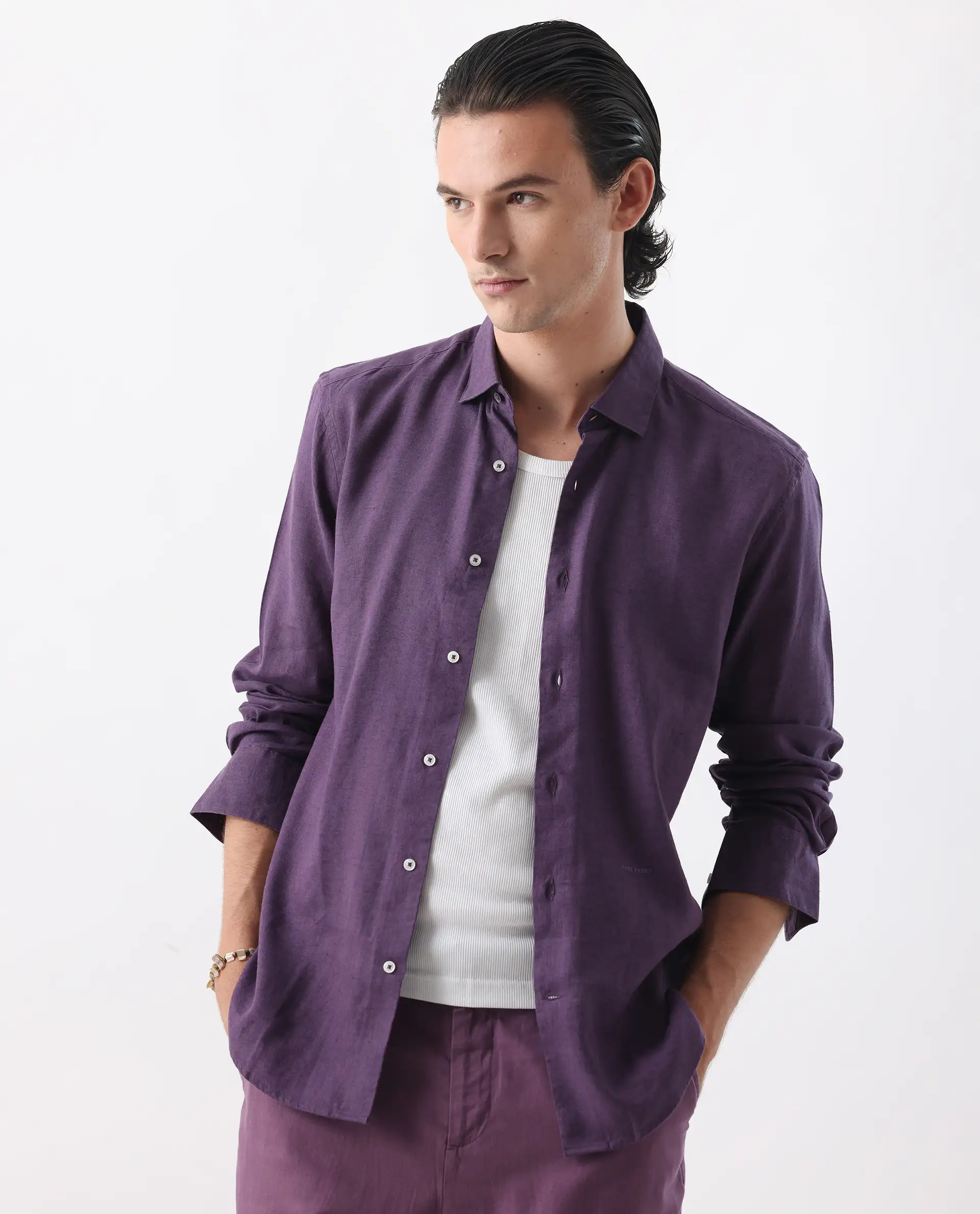 Rare Rabbit Men's Linex-1 Purple 100% Linen Plain Regular Fit Full Sleeve Collared Shirt