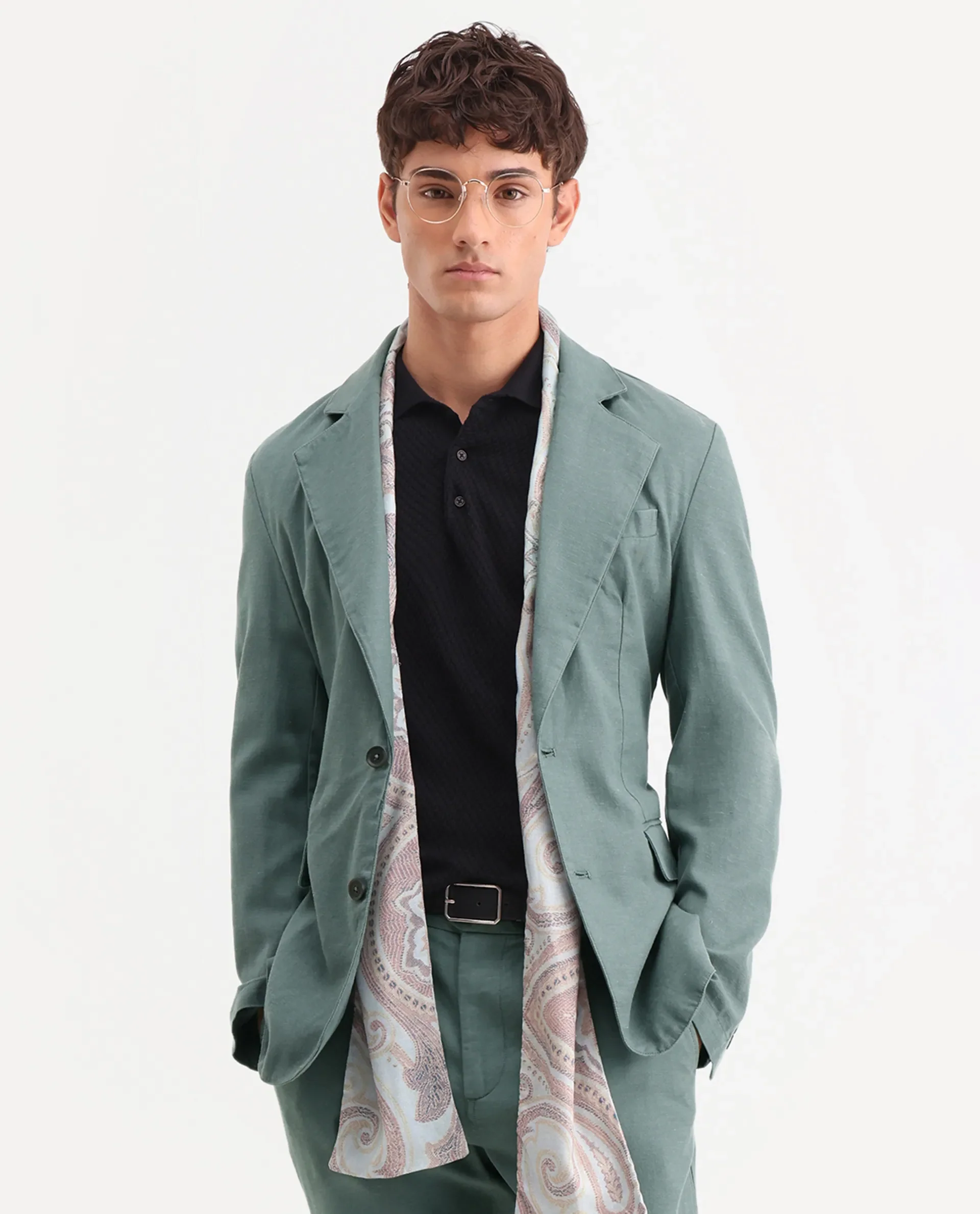 Rare Rabbit Men's Linol Dusky Green Linen Blend Fabric Lapel Neck Tailored Fit Plain Blazer