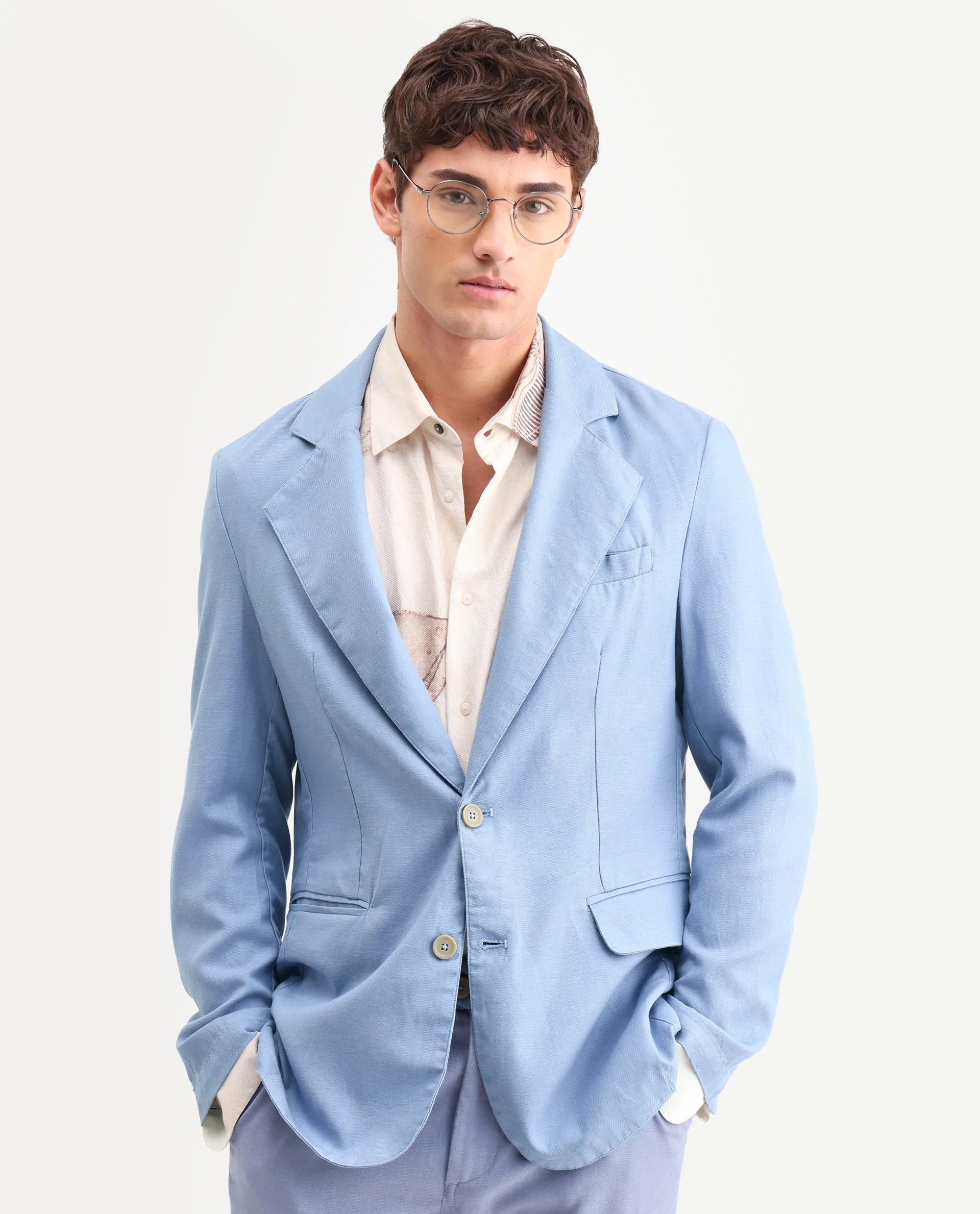 Rare Rabbit Men's Linol Light Blue Linen Blend Fabric Lapel Neck Tailored Fit Plain Blazer
