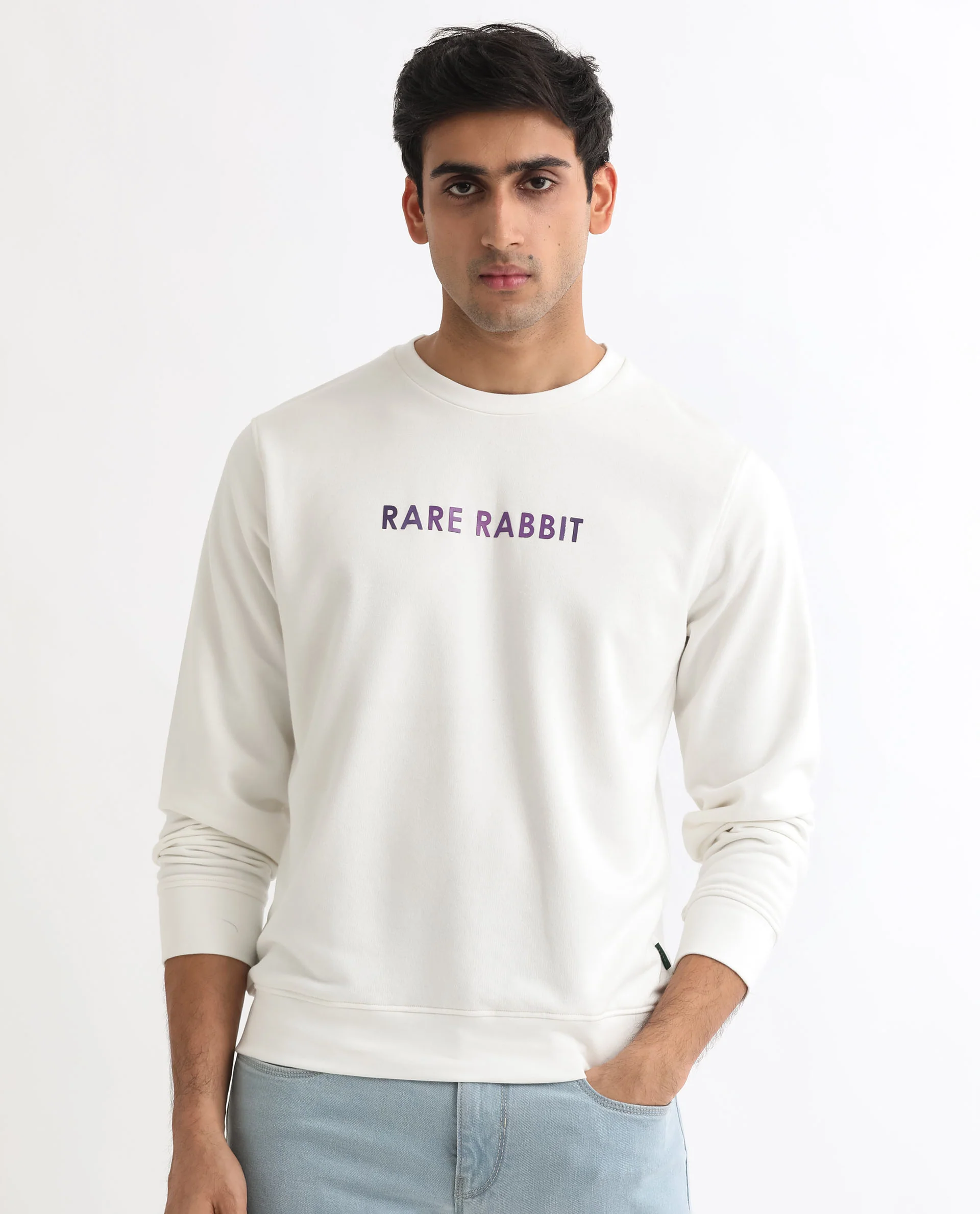 Rare Rabbit Men's Lintz Off White Cotton Graphic Print Regular Fit Full Sleeve Crew Neck Sweatshirt