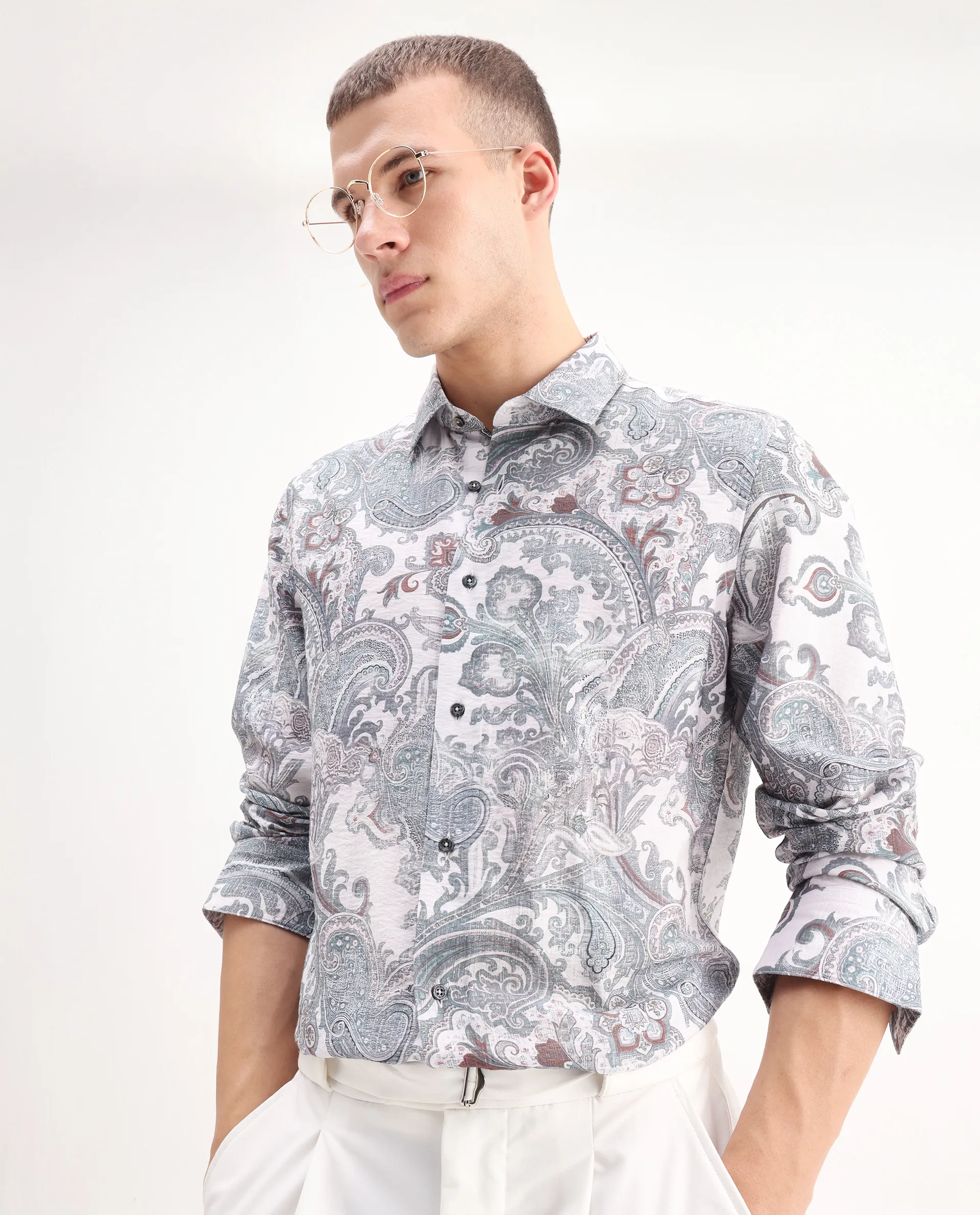 Rare Rabbit Men's Livro Off White Viscose Blend Paisley Print Regular Fit Full Sleeve Collared Shirt