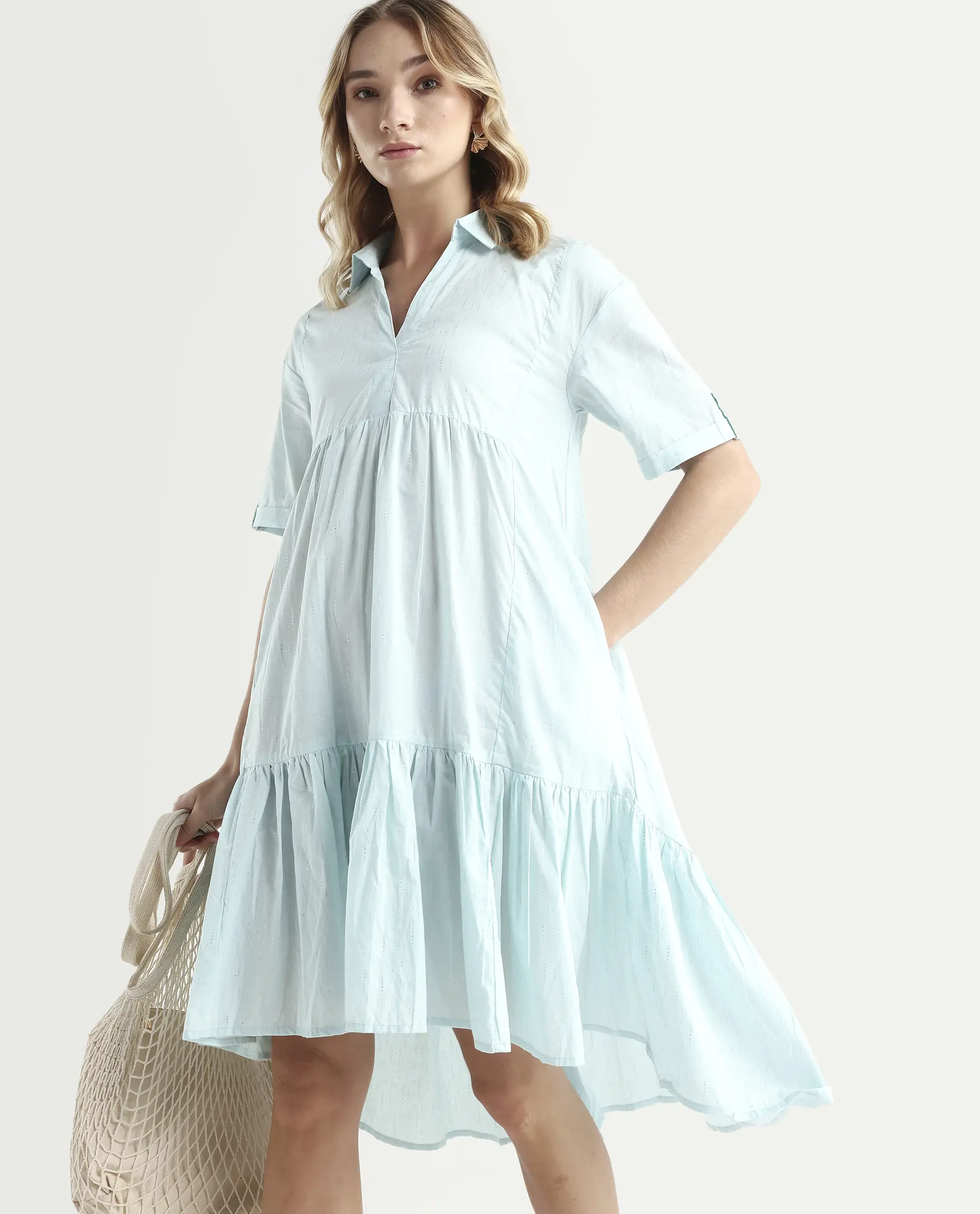 Rareism Women's Loaf Turq Cotton Spread Collar Plain Knee Length Flared Dress