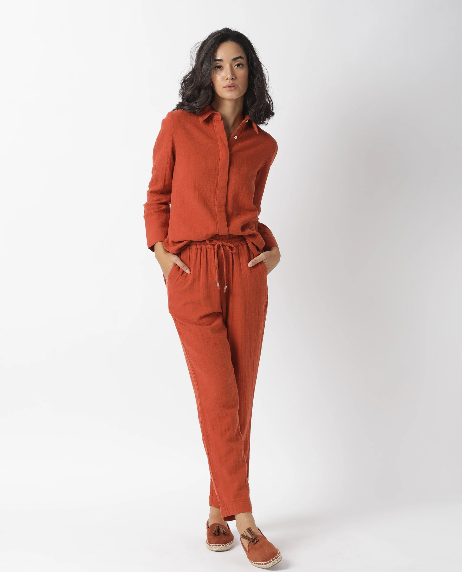 Rareism Womens Lock Rust Top Cotton Fabric Regular Fit Cuffed Sleeve Collared Neck - Image 4