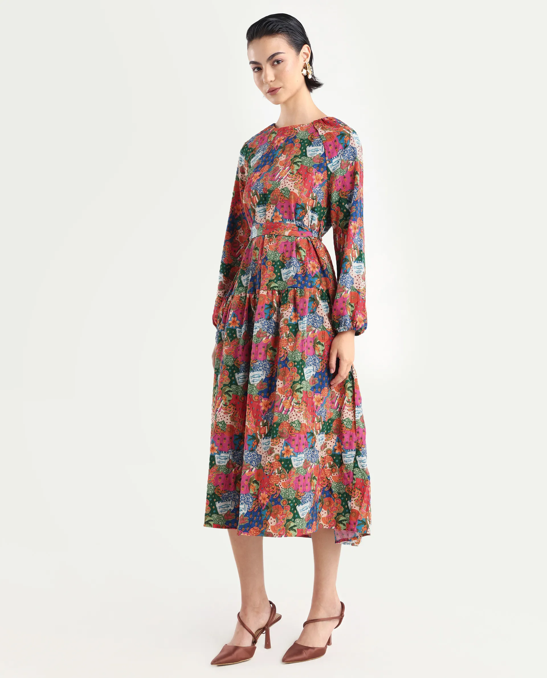 Rareism Women's Lokop Multi Polyester Blend Round Neck Abstract Print Raglan Sleeve Midi Fit And Flare Dress