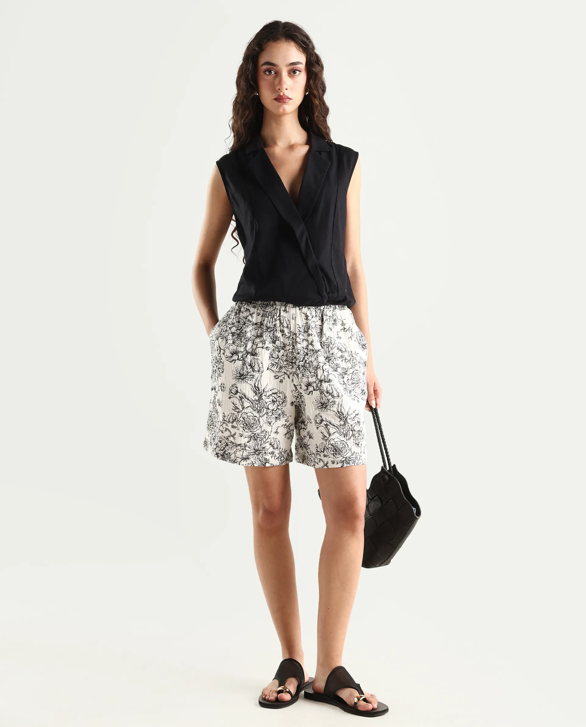 Rareism Women's Lorainet Off White Cotton Floral Print Mini Relaxed Fit Shorts