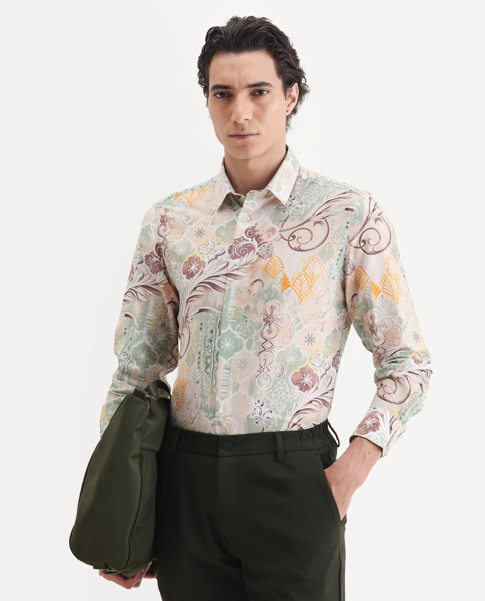 Rare Rabbit Men's Loux Beige Viscose Blend Fabric Collared Neck Regular Abstract Print Shirt
