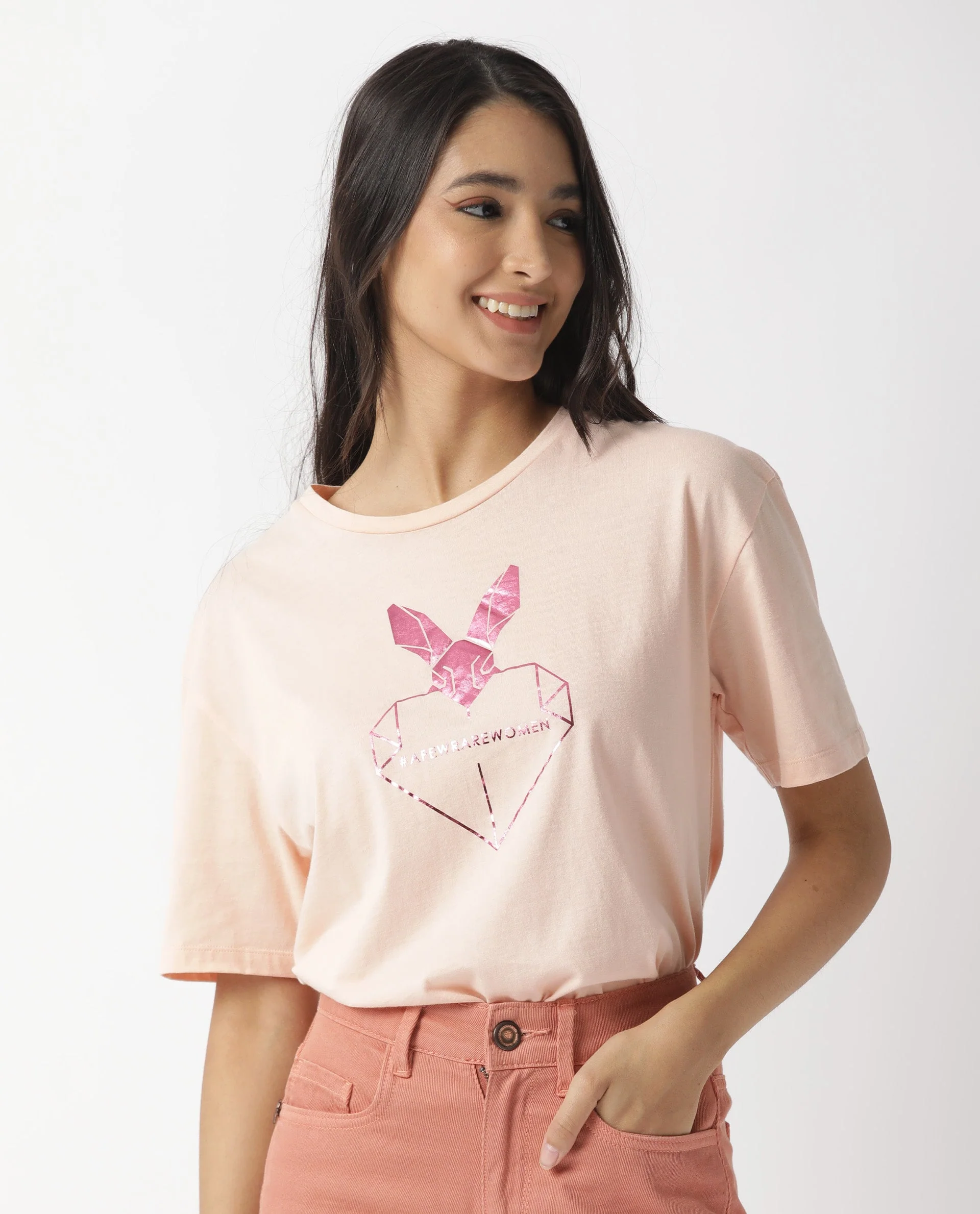 Rareism Women's Love Pink Cotton Crew Neck Graphic Print Regular Fit T-Shirt