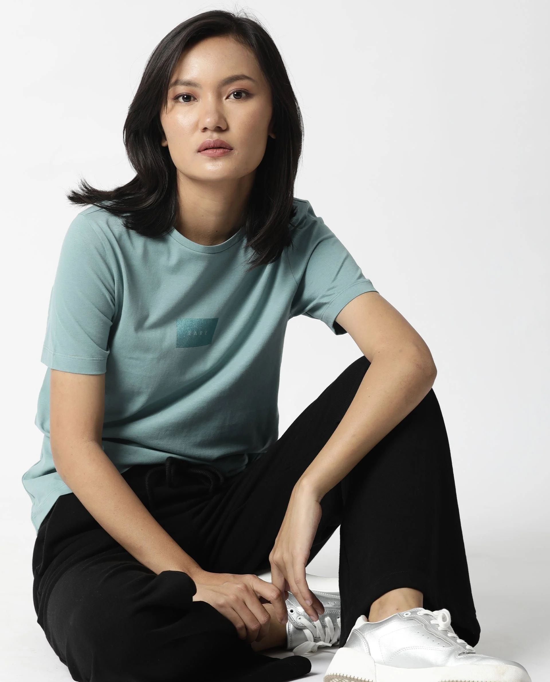 Rareism Womens Luani Green T-Shirt Supima Cotton Fabric Slim Fit Round Neck