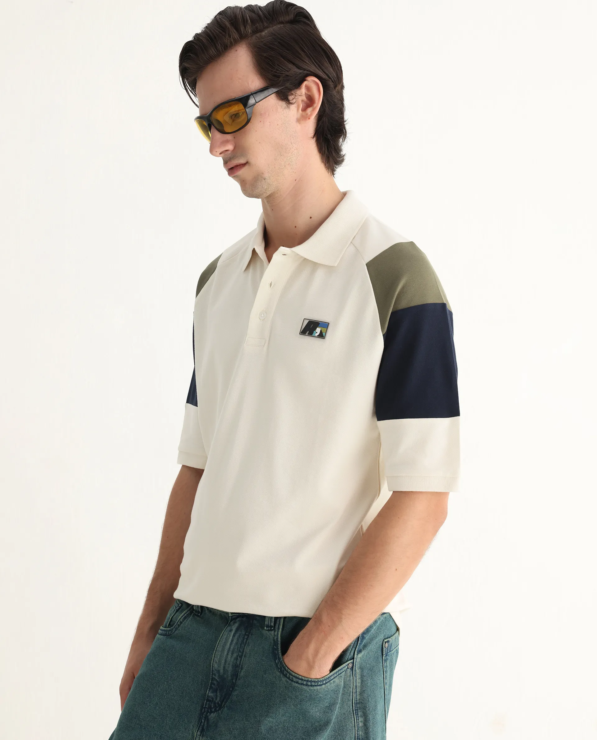 Rare Rabbit Men's Lucid Off White Cotton Blend Cut And Sew Relaxed Fit Half Sleeve Polo