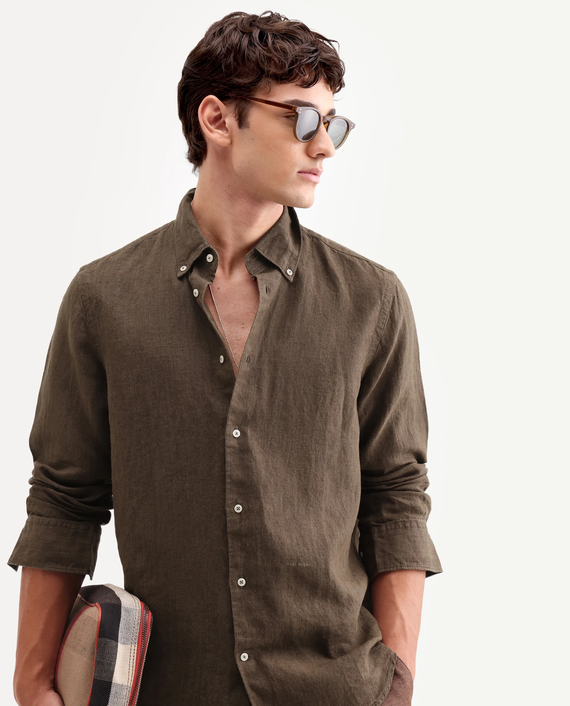 Rare Rabbit Men's Lucis Dark Brown 100% Linen Plain Regular Fit Full Sleeve Collared Shirt