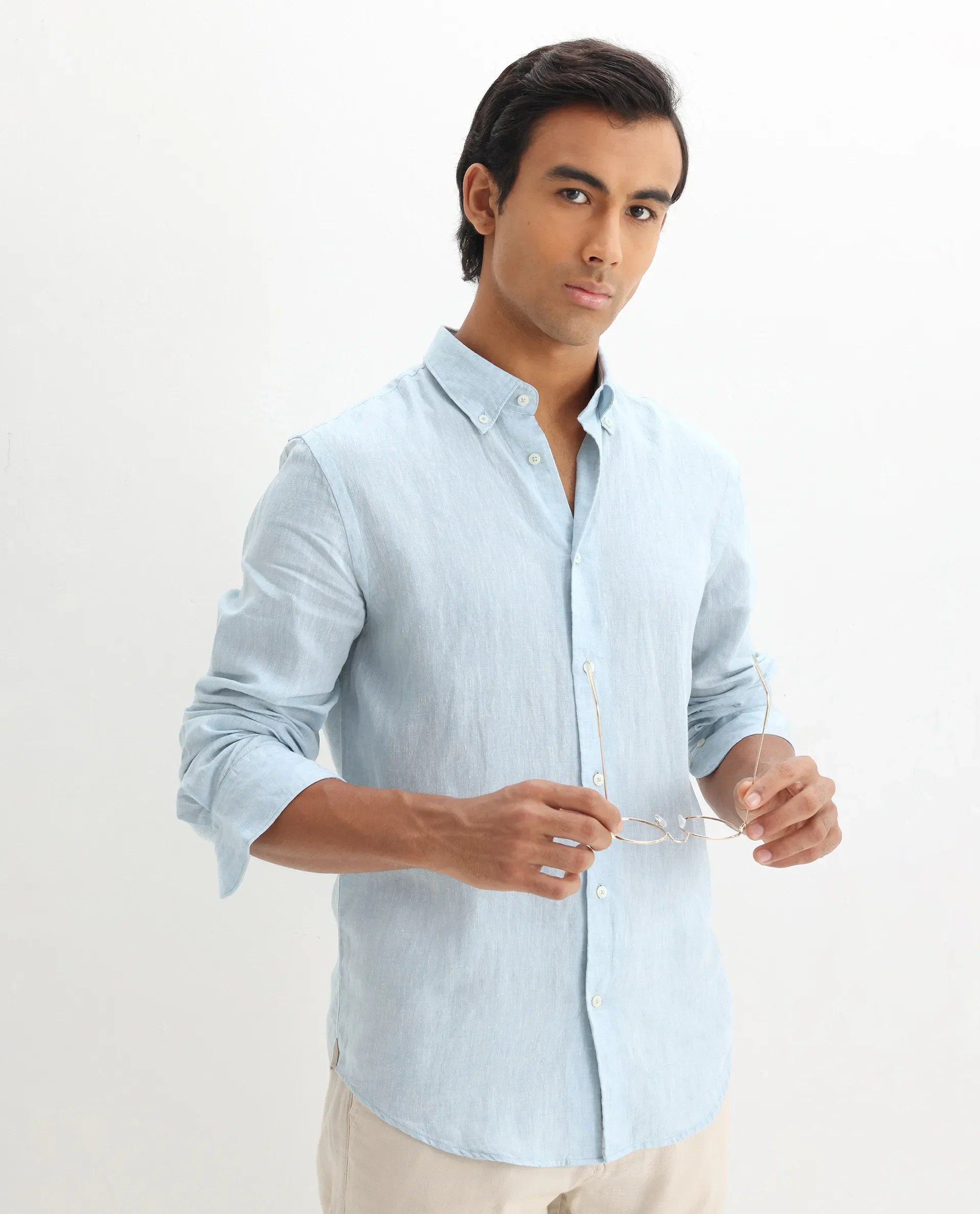 Rare Rabbit Men's Lucis Light Blue 100% Linen Plain Regular Fit Full Sleeve Collared Shirt