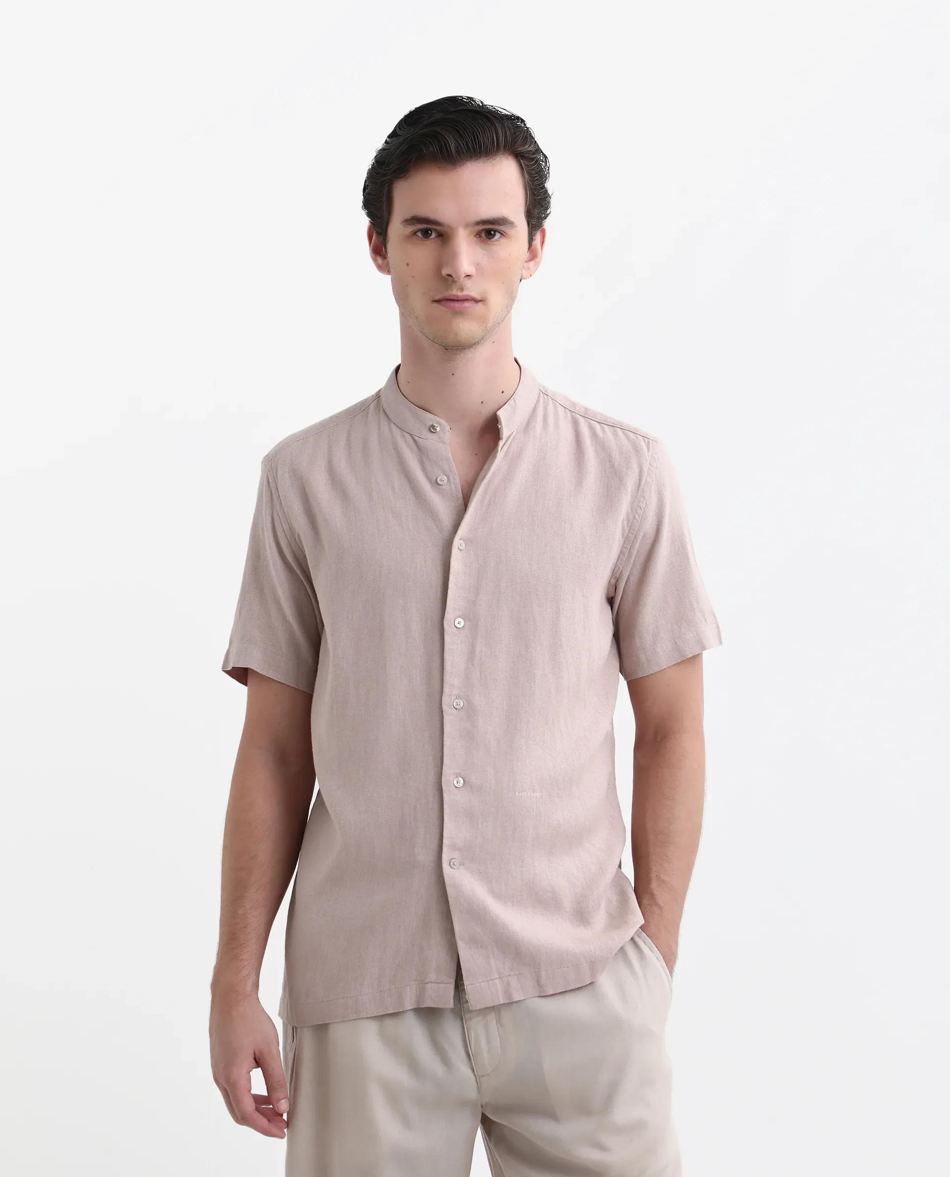 Rare Rabbit Men's Lune Ss Dusky Pink Linen Plain Regular Fit Half Sleeve Mandarin Collar Shirt