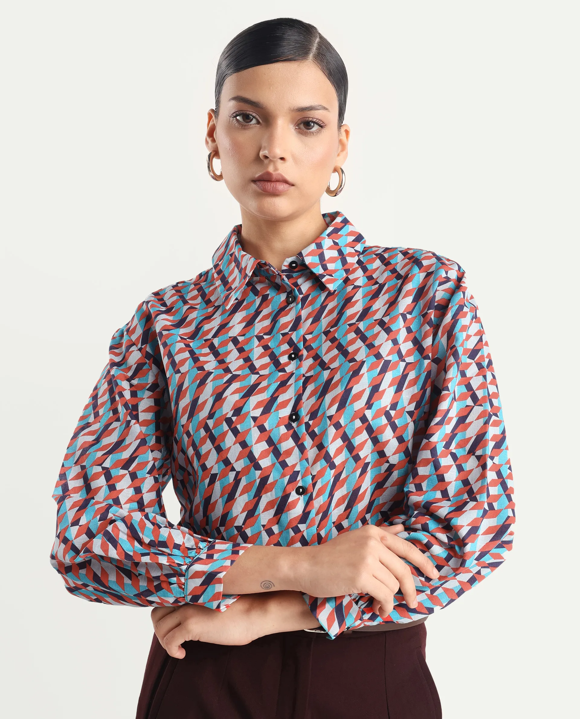 Rareism Women's Luren Dark Multi Cotton Blend Drop Collar Geometric Print Cuffed Sleeve Regular Fit Shirt