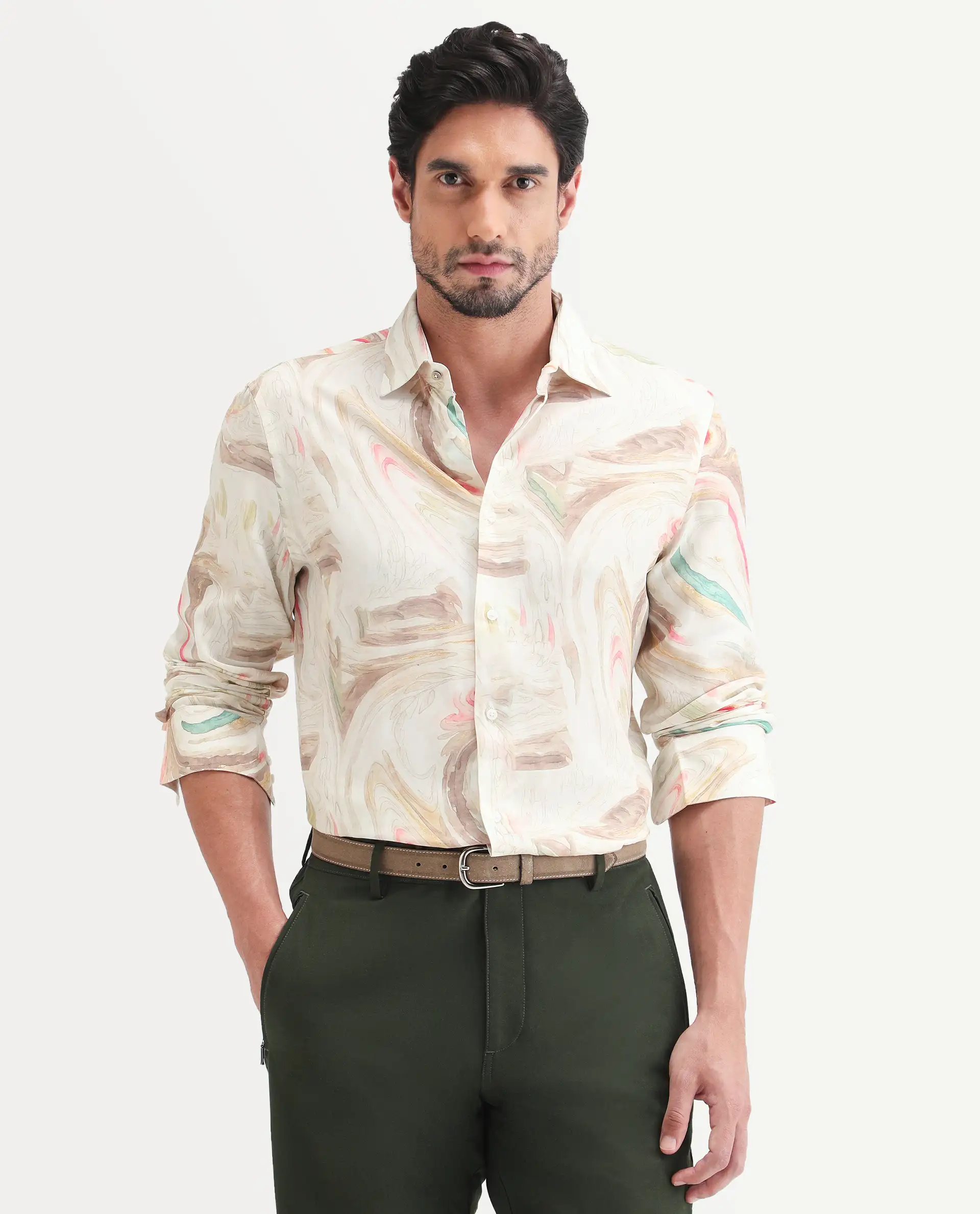 Rare Rabbit Men's Lurk Off White Viscose Fabric Full Sleeve Regular Fit Abstract Print Shirt - Image 3