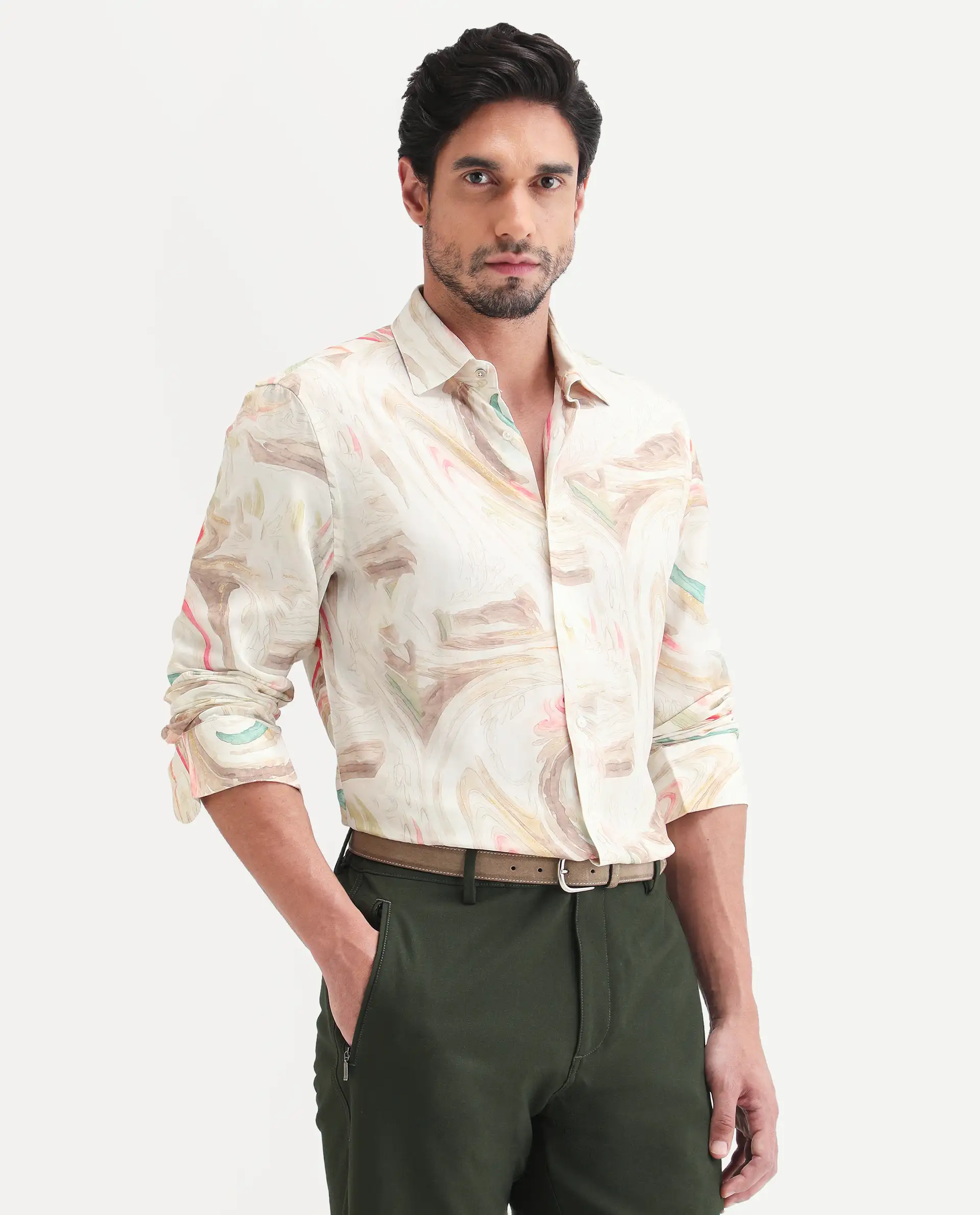 Rare Rabbit Men's Lurk Off White Viscose Fabric Full Sleeve Regular Fit Abstract Print Shirt - Image 4