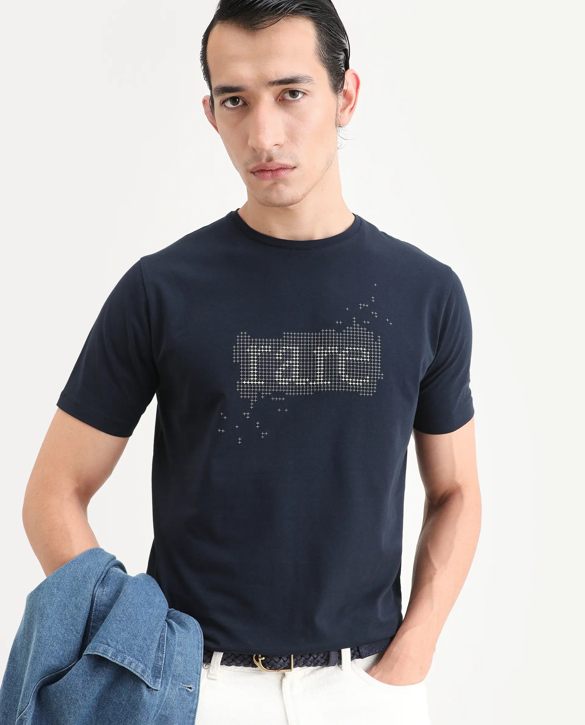 Rare Rabbit Men's Lyne Dark Navy Cotton Blend Fabric Half Sleeve Crew Neck Regular Fit Graphic Print T-Shirt