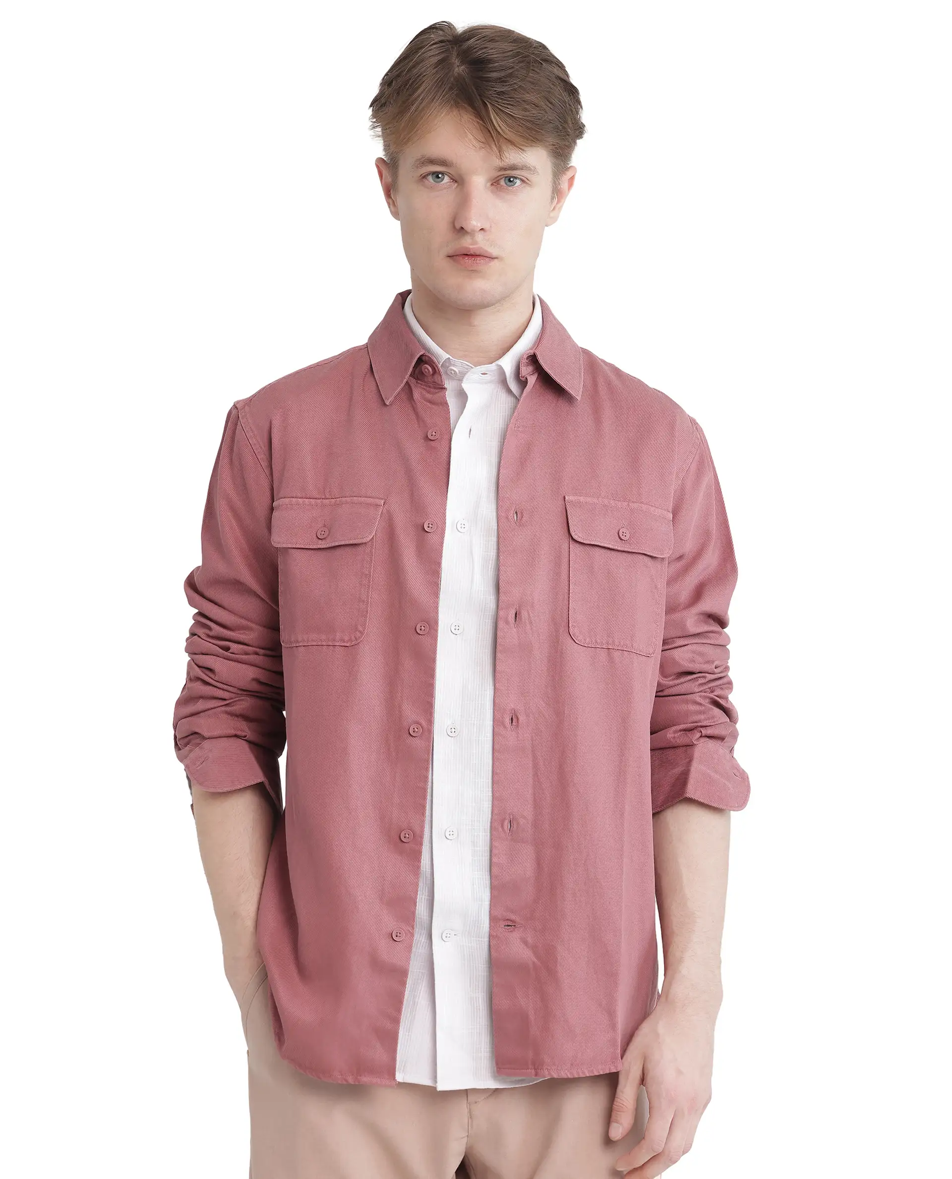 Rare Rabbit Men's Lyton-25 Dusky Pink Cotton Blend Plain Regular Fit Full Sleeve Collared Shirt
