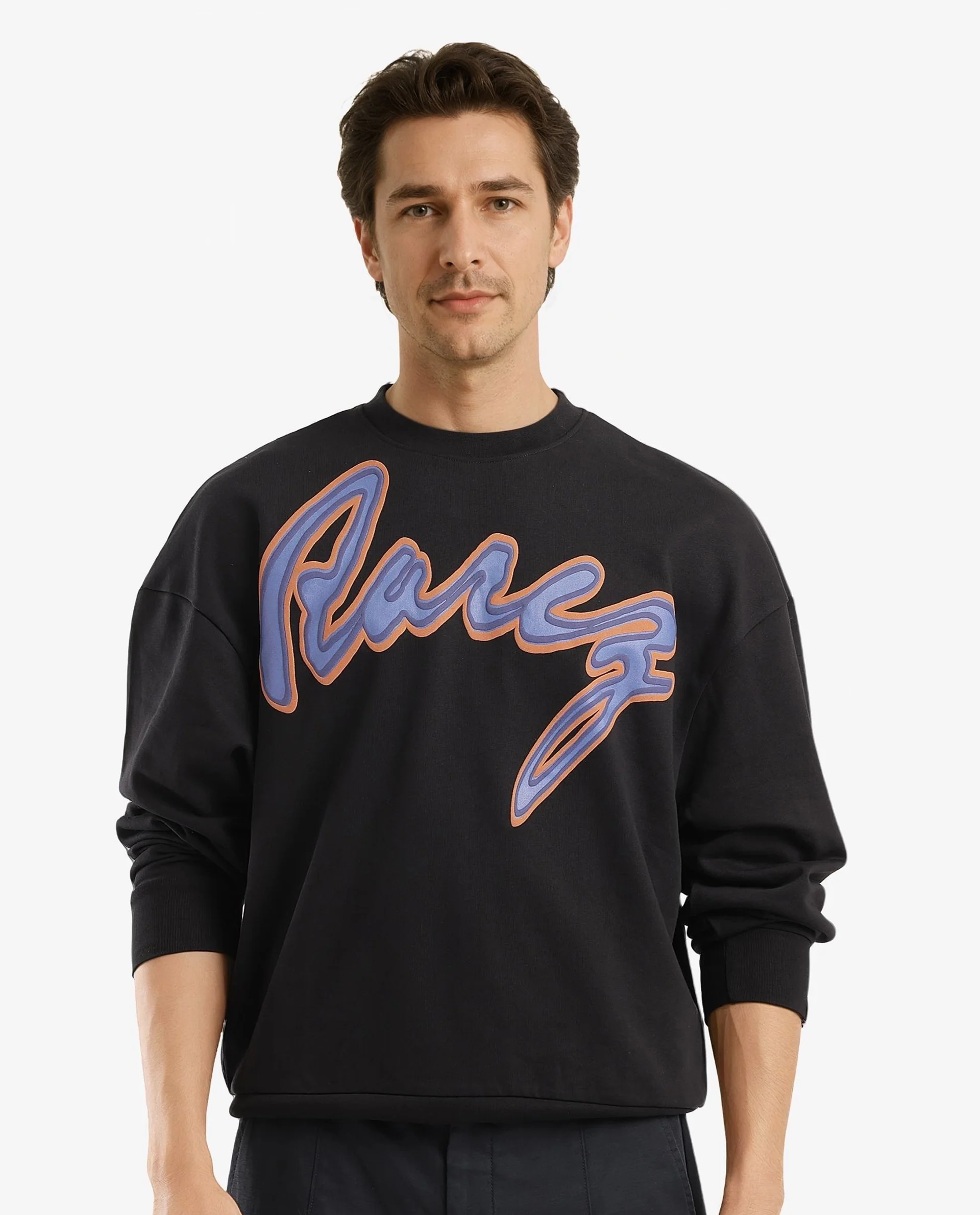 Rare Rabbit Men's Mabel Black Cotton Printed Oversized Fit Full Sleeve Crew Neck Sweatshirt