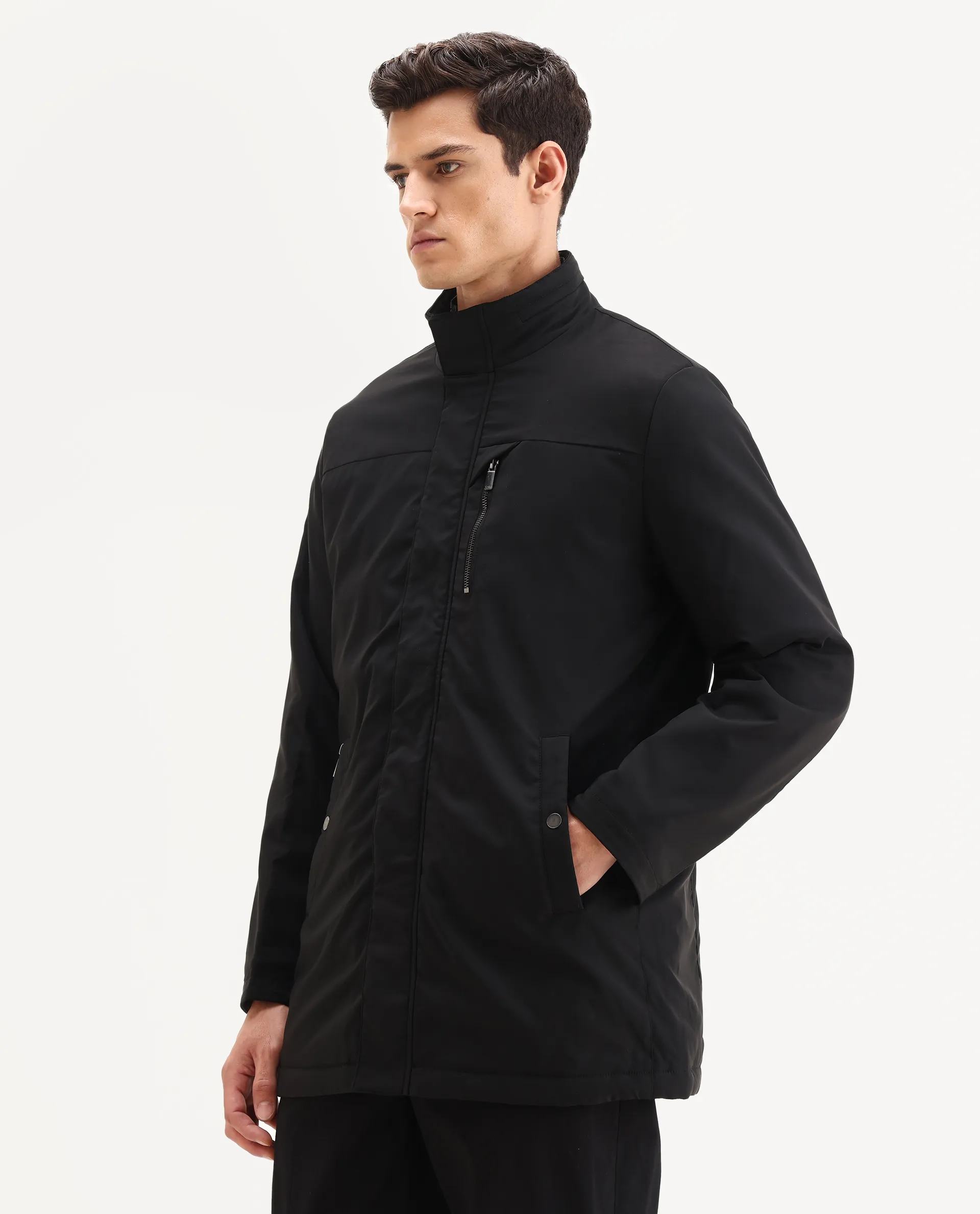 Rare Rabbit Men's Macaw-25 Black Polyester Plain Regular Fit Full Sleeve High Neck Jacket - Image 5
