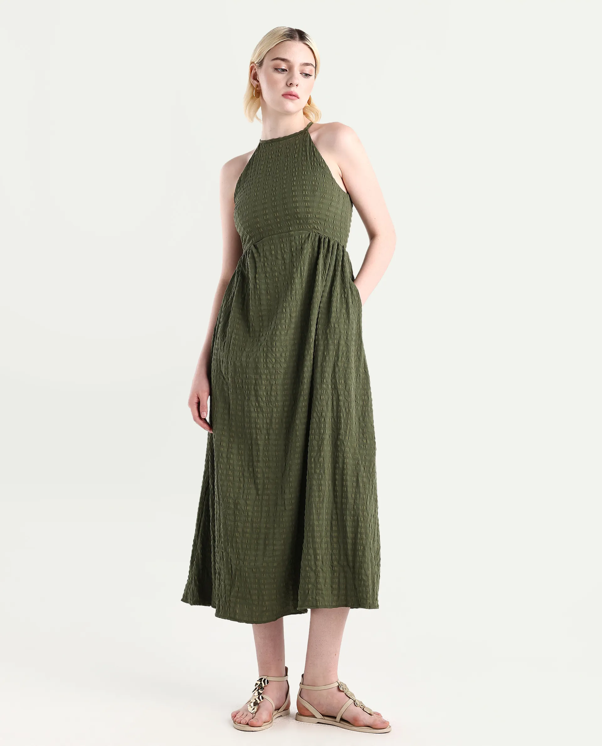 Rareism Women's Macnica Olive Polyester Blend Halter Neck Plain Sleeveless Maxi Fit And Flare Dress